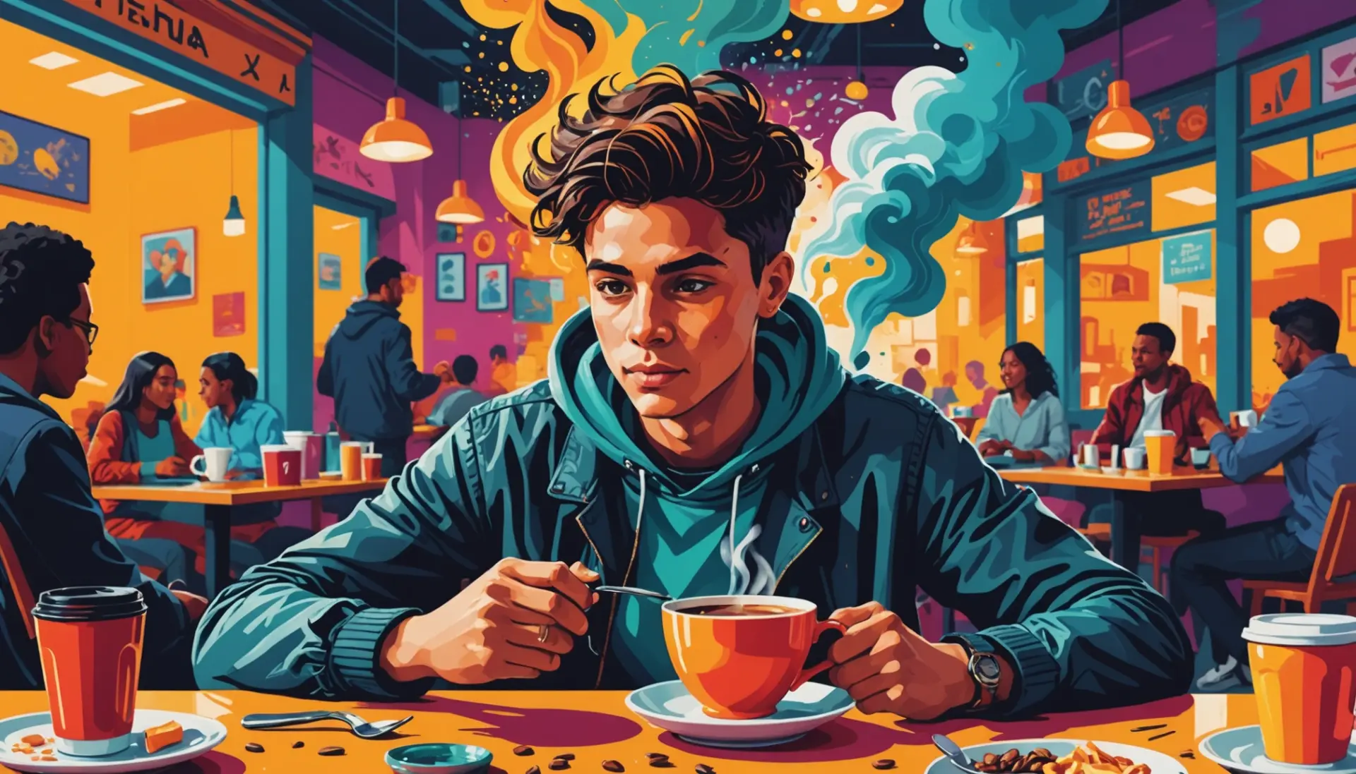 Editorial illustration of a person surrounded by swirling thoughts, caption-style bubbles showing 'brain stew meaning urban dictionary' vibes
