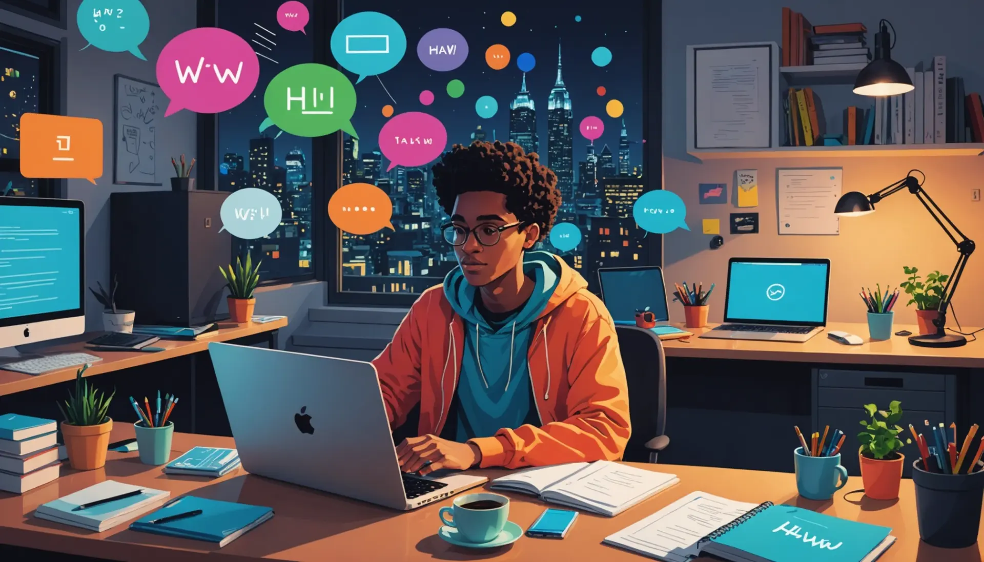 Editorial illustration showing teens and chat bubbles, titled scene representing what does hw mean in slang