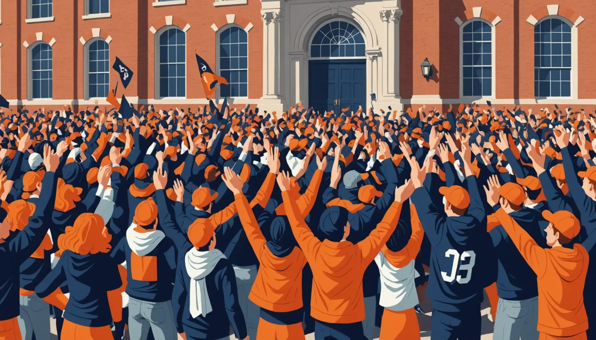 Editorial illustration showing fans cheering with 'Hoos' spirit, caption hint for what does hoos mean for virginia