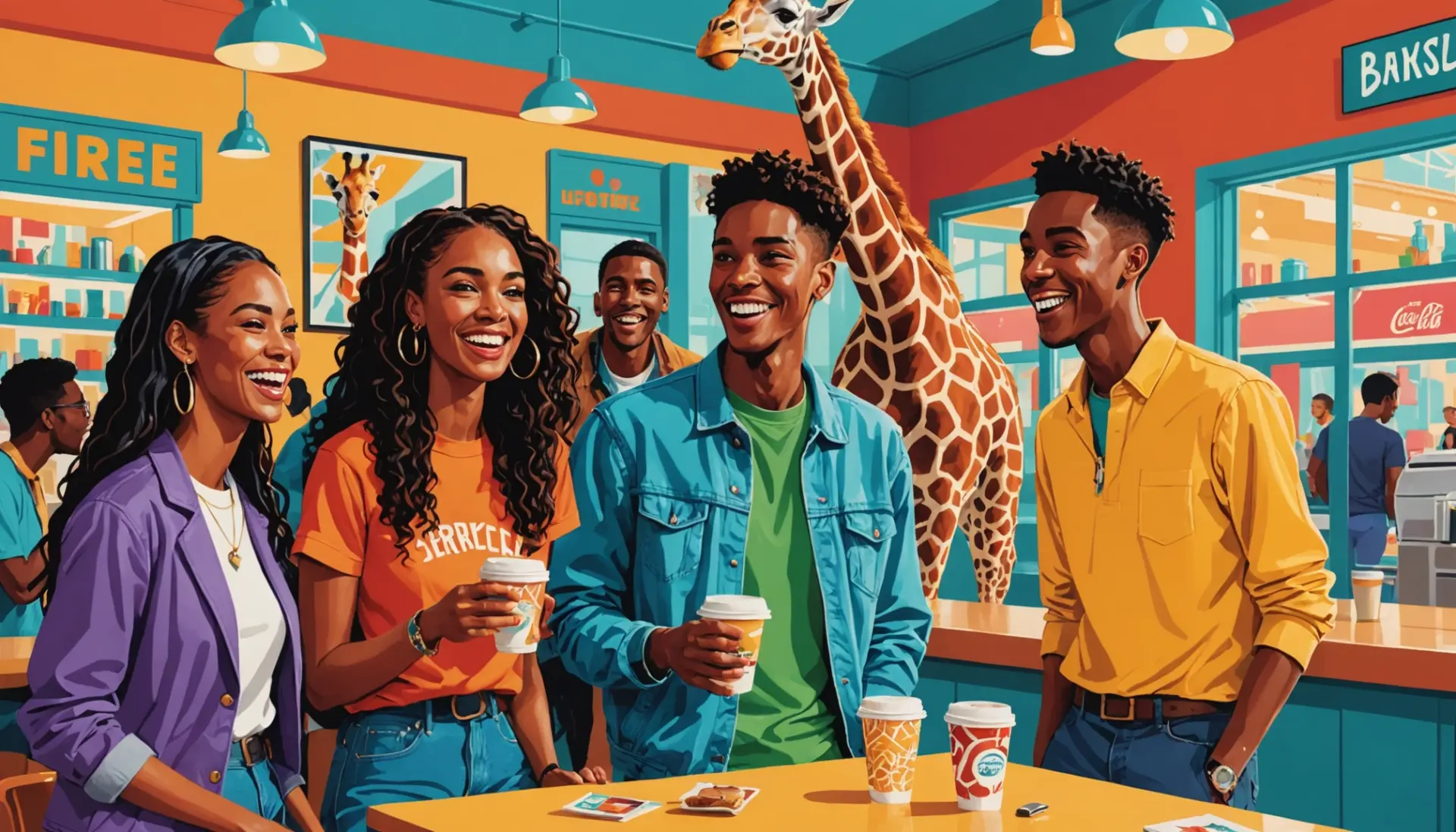 Editorial illustration showing friends jokingly calling someone a giraffe, caption referencing giraffe urban dictionary