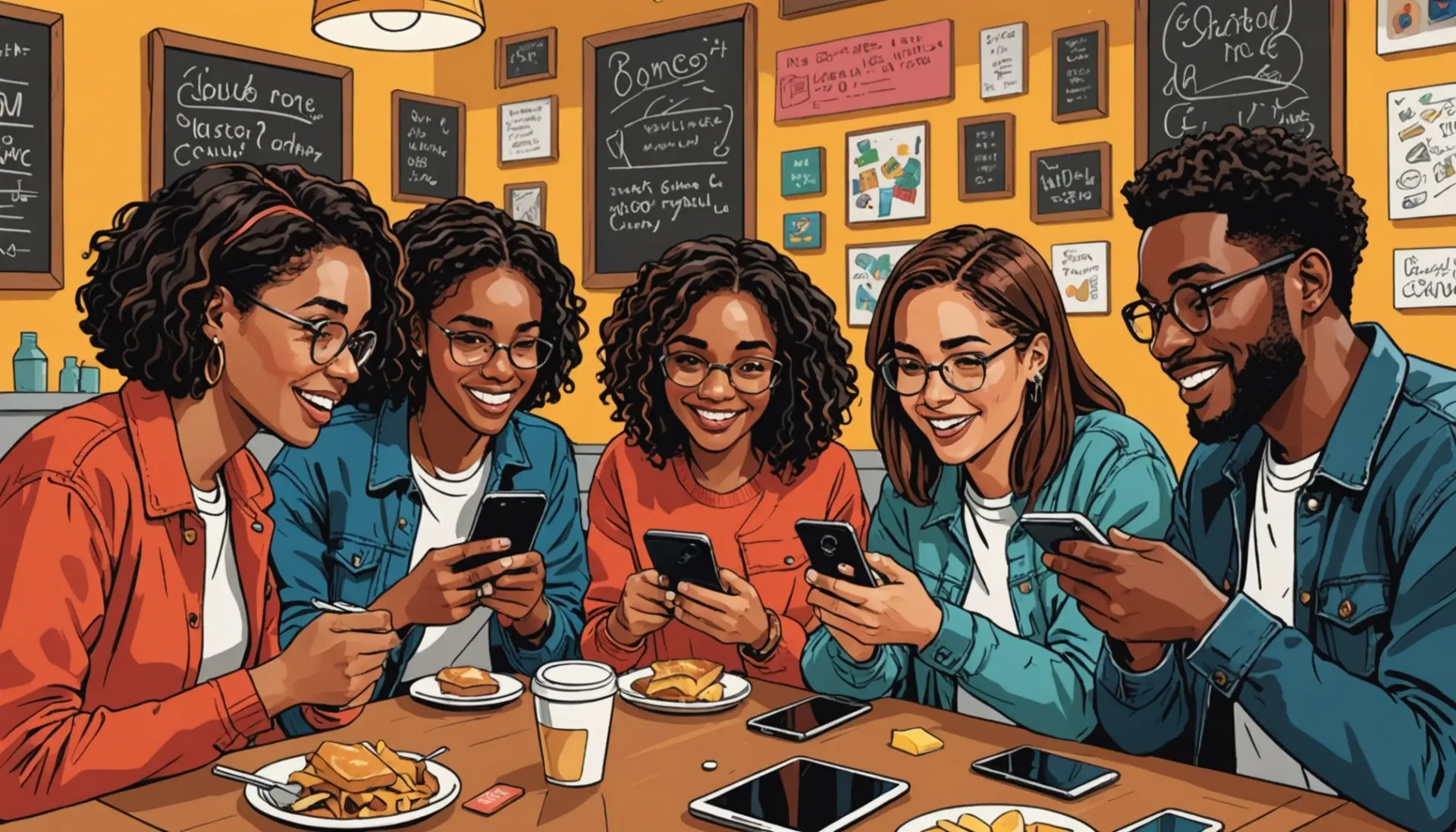 Editorial illustration showing people looking up ltb urban dictionary on phones