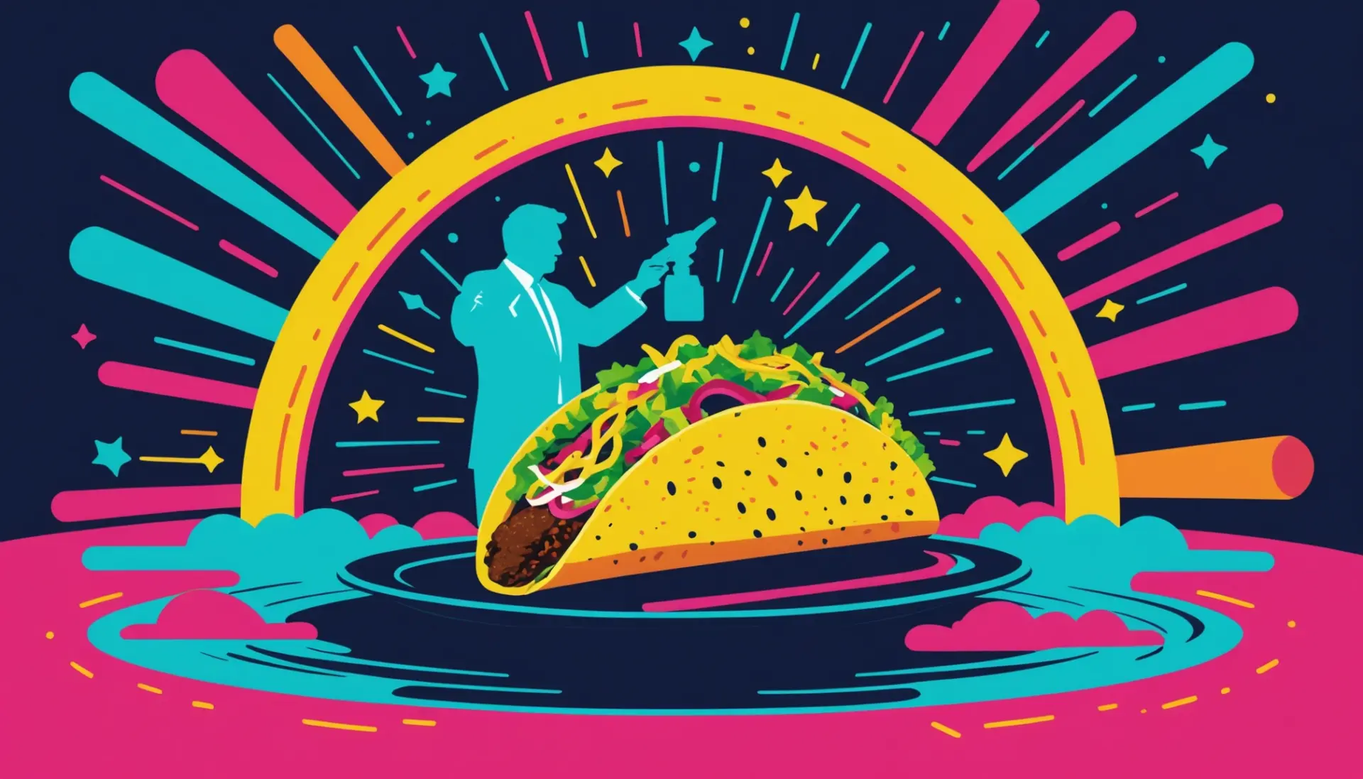Editorial illustration showing a satirical mashup of a taco and a Trump-like silhouette, representing what does taco trump mean