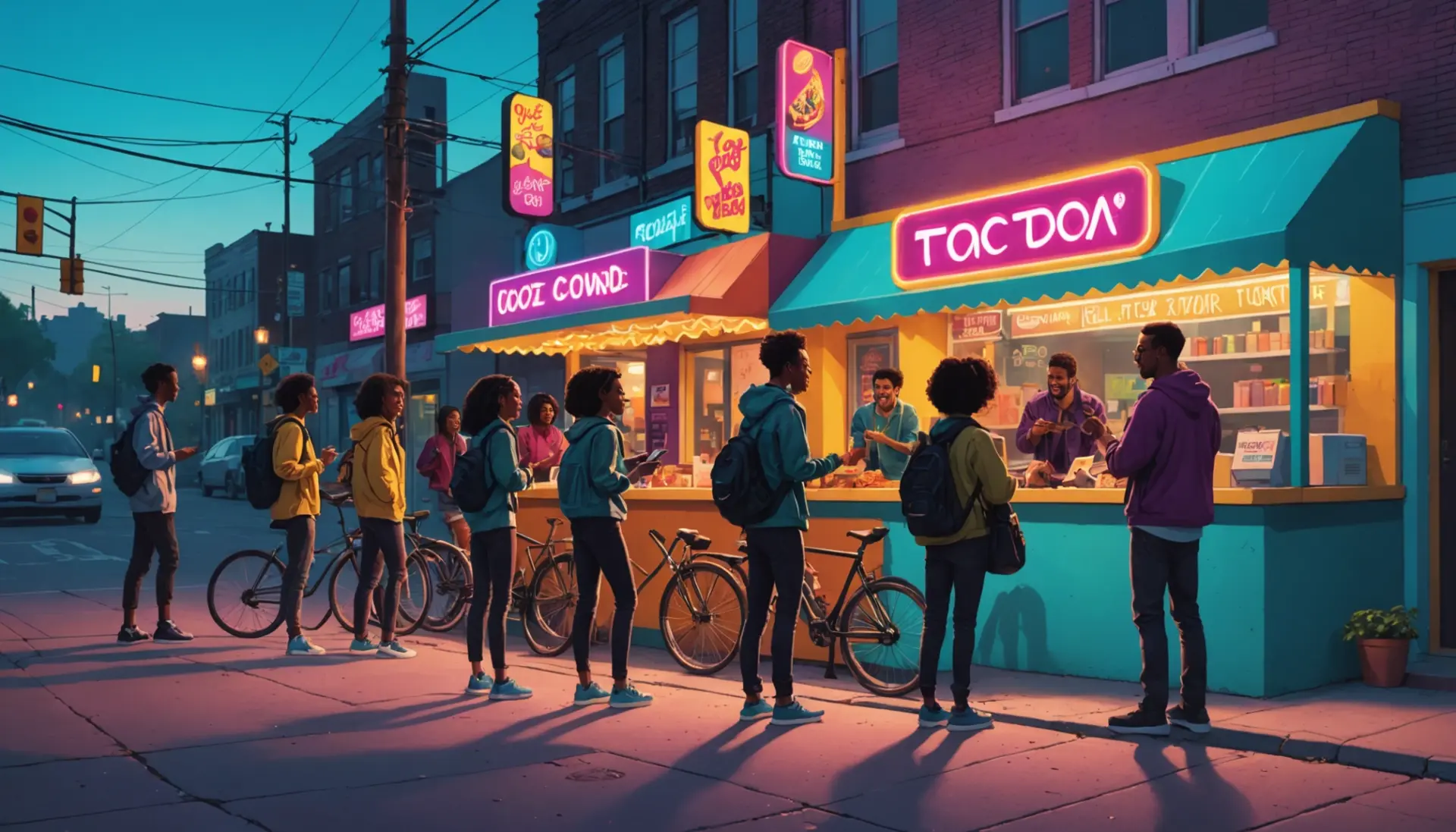 Editorial illustration of street scene with people enjoying tacos, reflecting 'what does taco mean' slang contexts