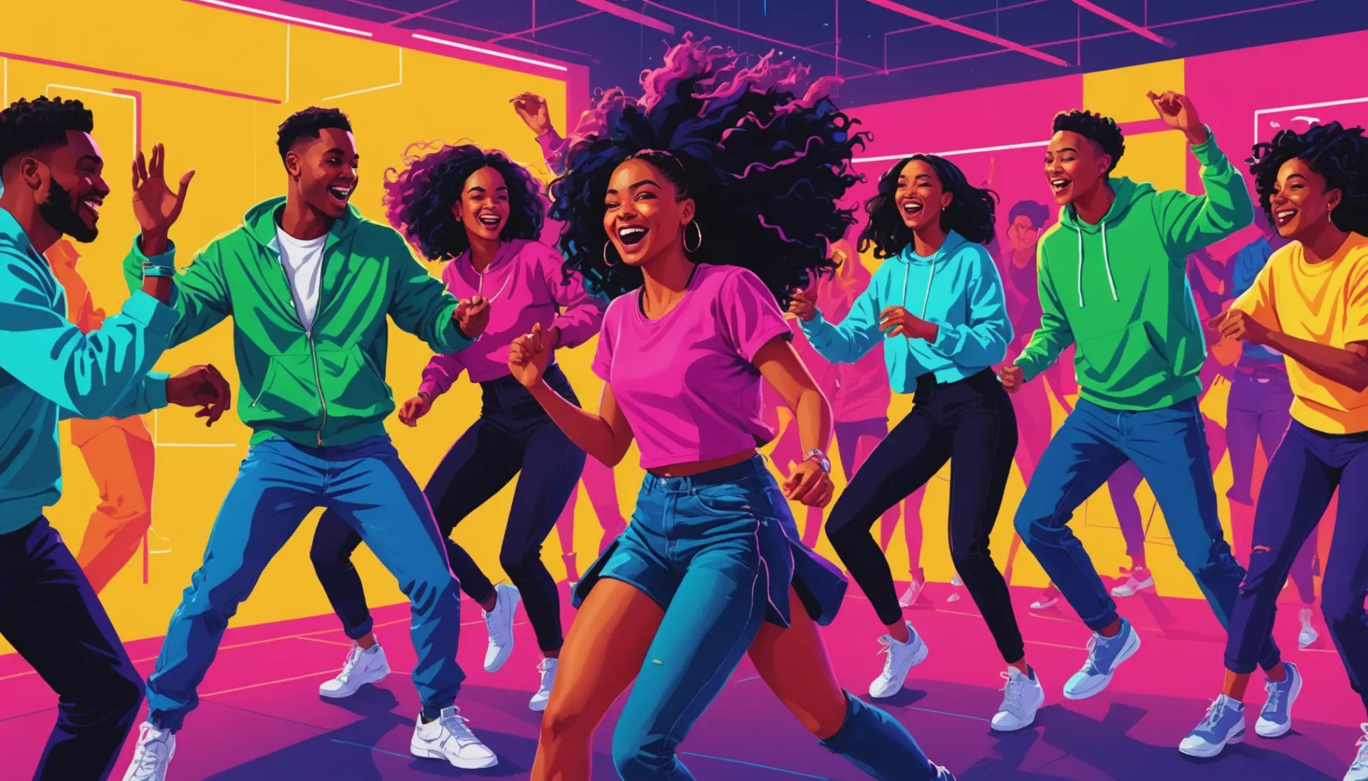 Editorial illustration showing people dancing and talking, highlighting 'wind meaning slang'