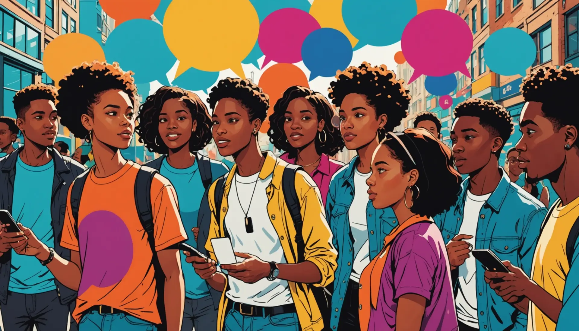 Editorial illustration showing urban conversations and speech bubbles, representing folk meaning slang