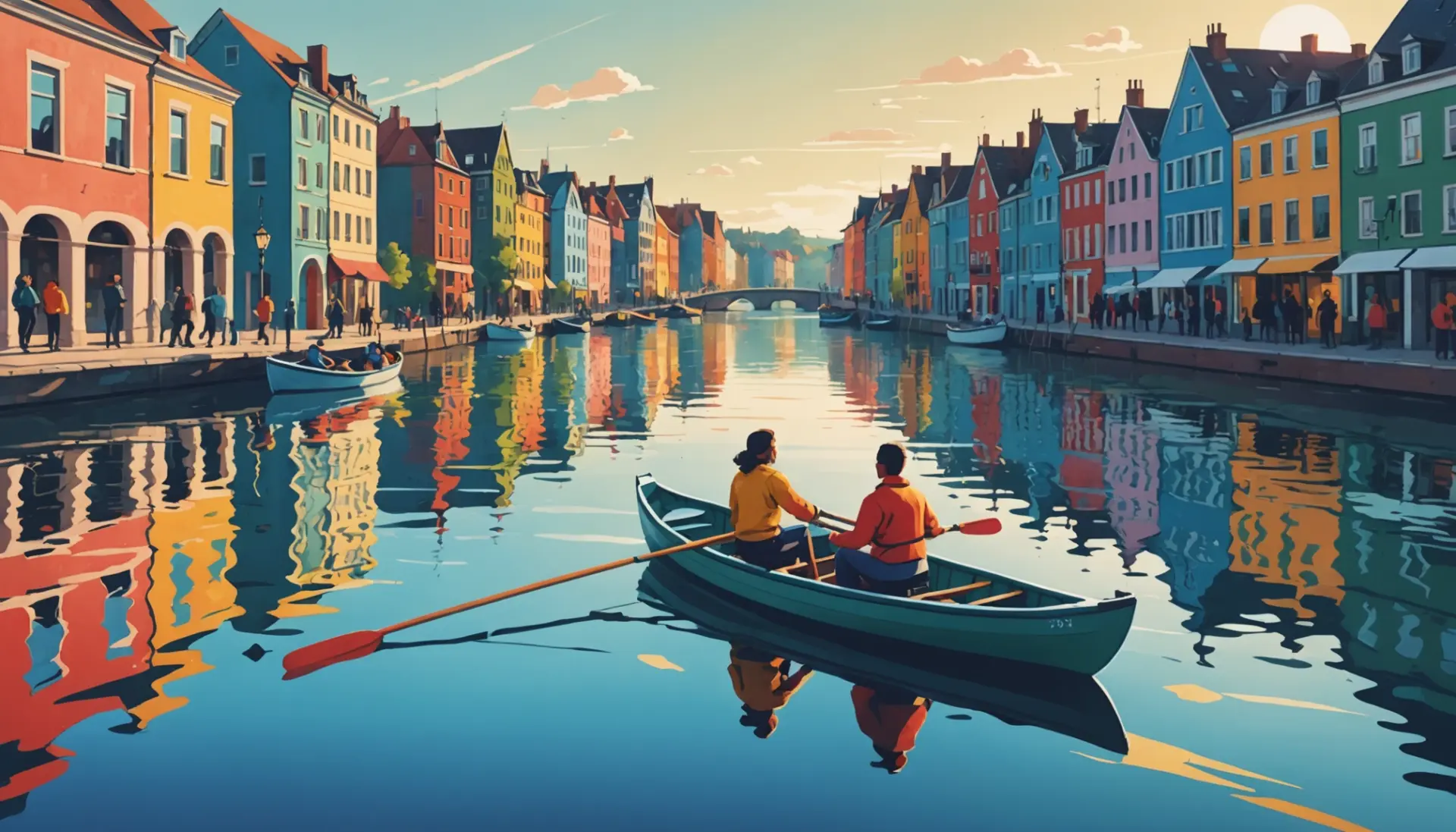 Editorial illustration showing people in a heated row and a separate scene of a rowing boat, labeled for what does row mean