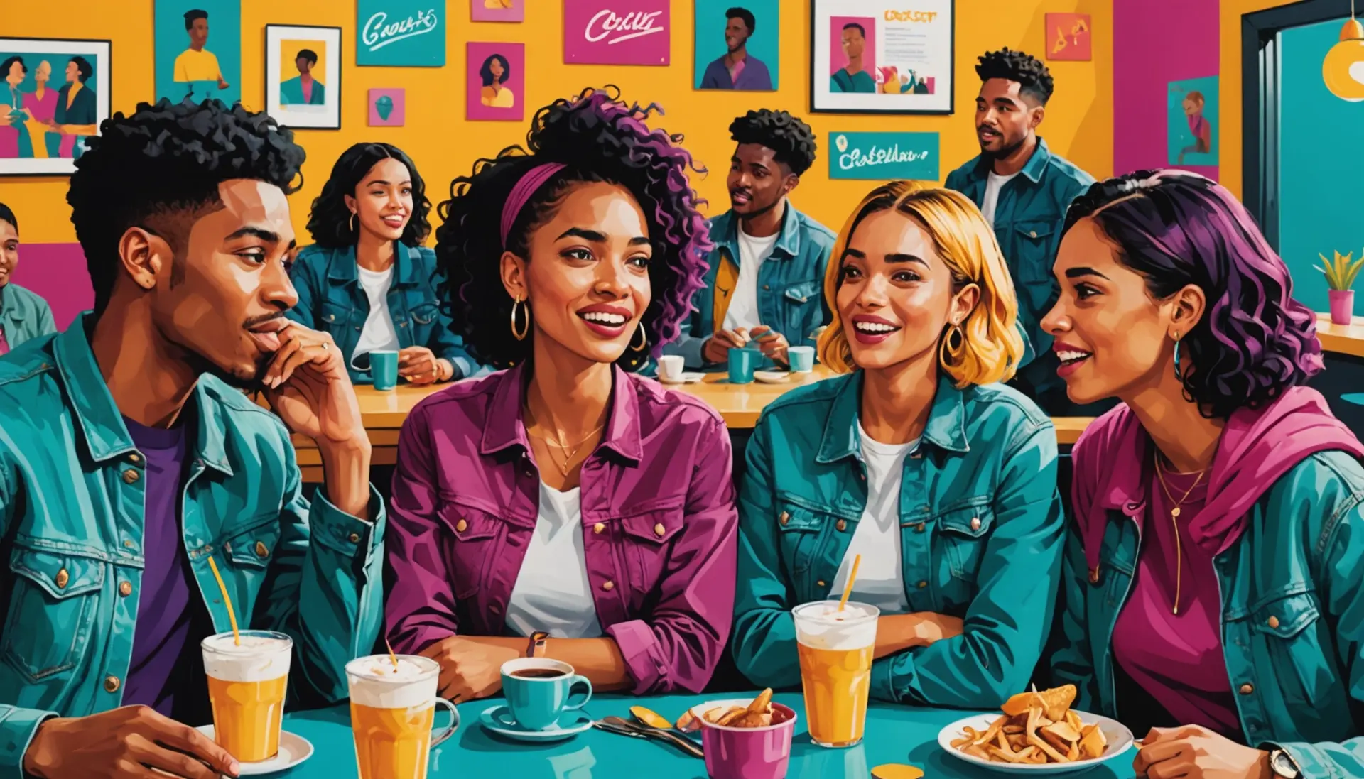 Editorial illustration of young people gossiping with the phrase chimona meaning slang implied