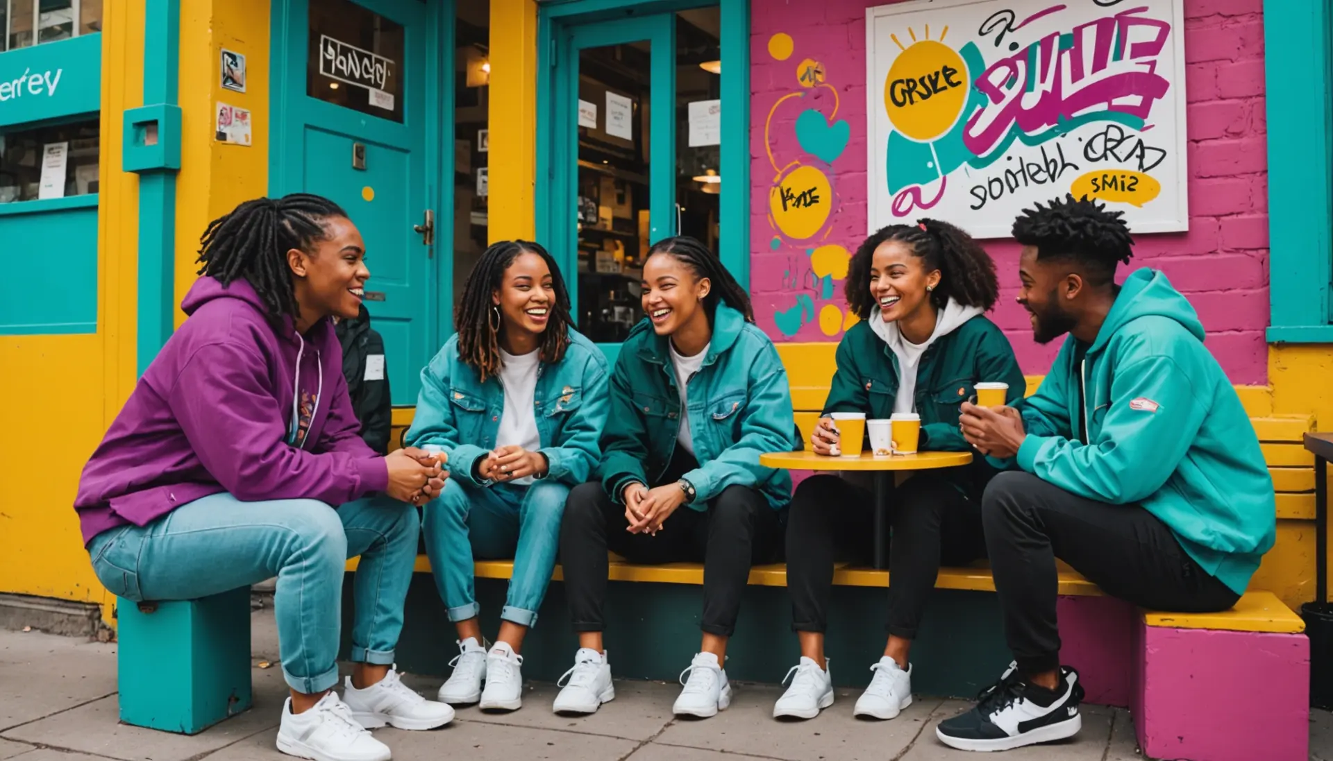 Editorial illustration showing young people chatting with graffiti backdrop, text-free, representing base slang meaning