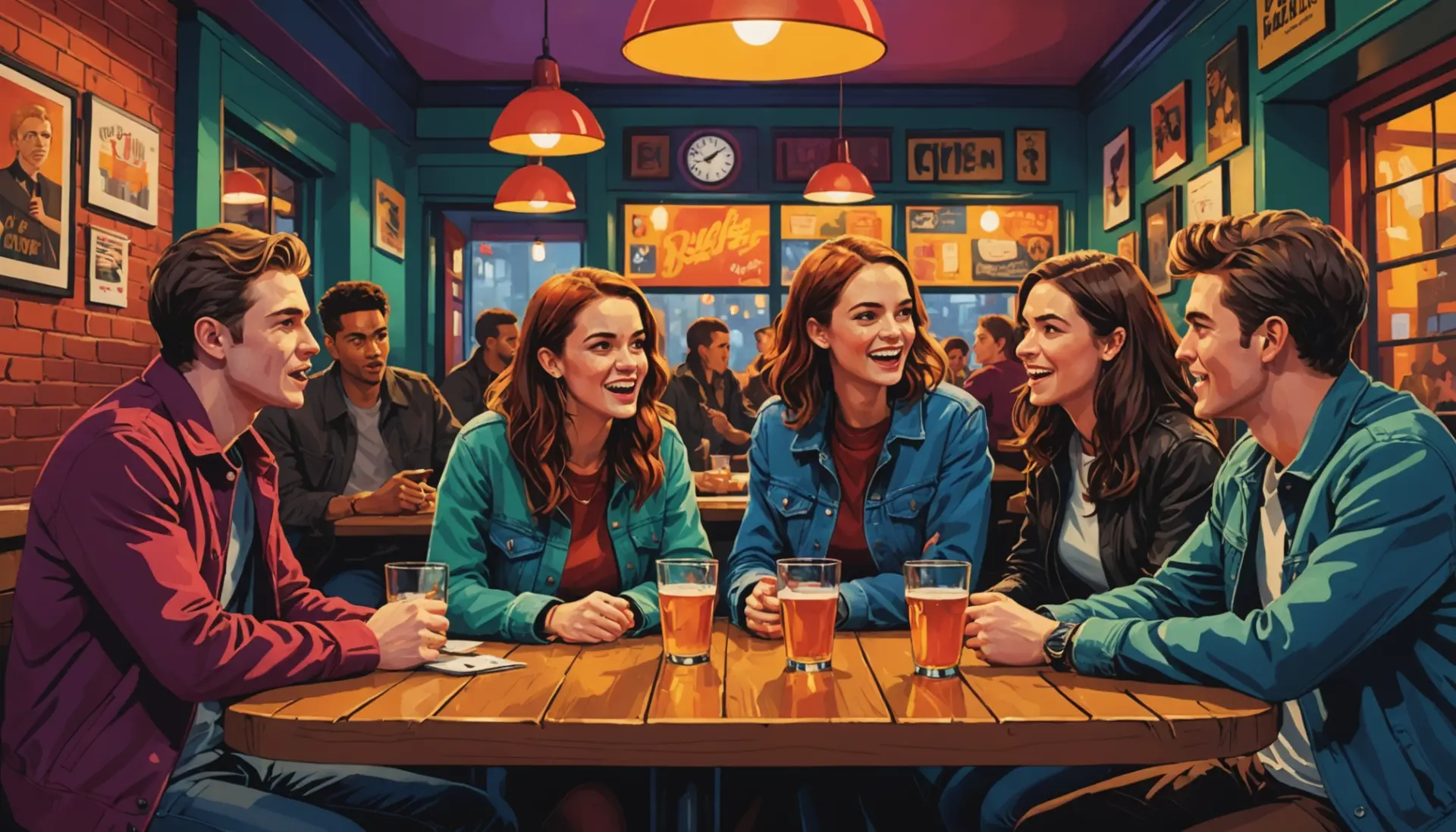 Editorial illustration showing people arguing in a city pub, caption-free, representing row slang
