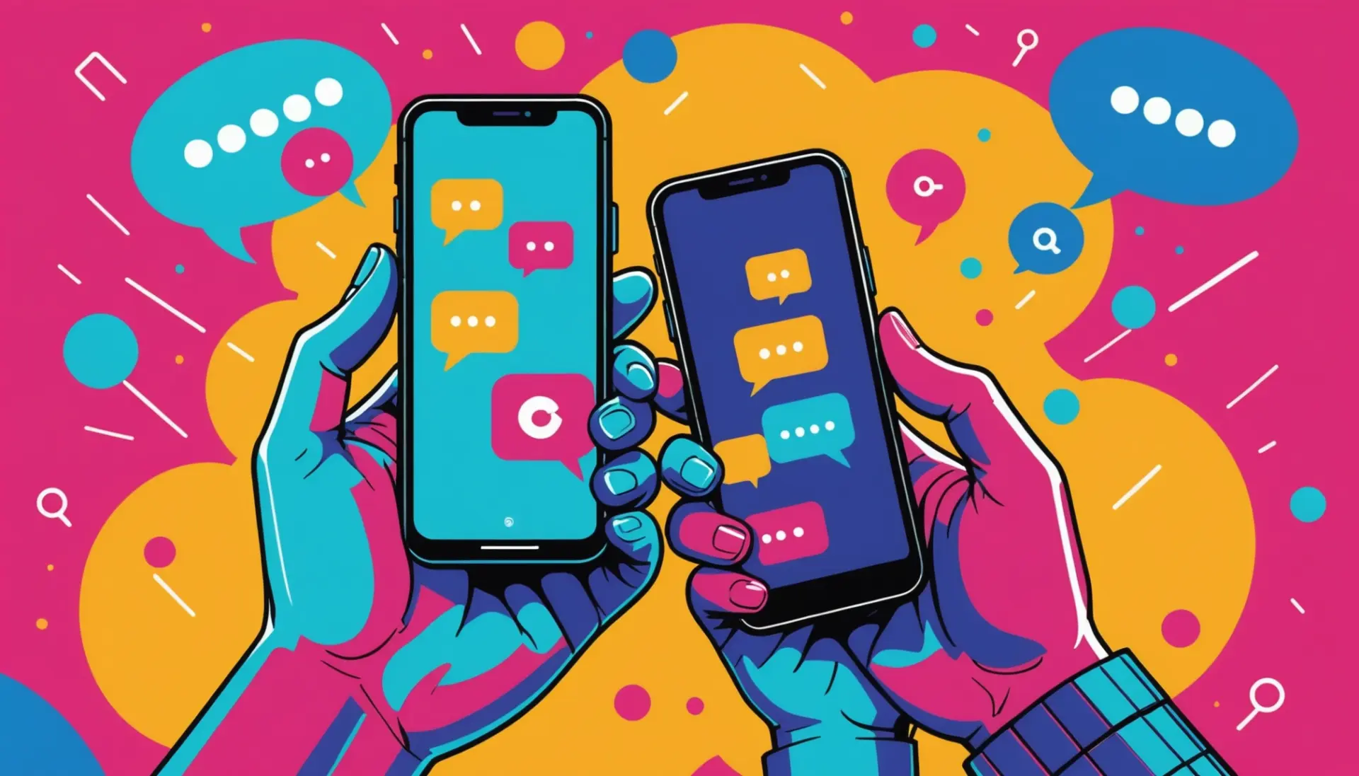 Editorial illustration of two people texting the phrase what does myh mean in text from girl on a phone screen