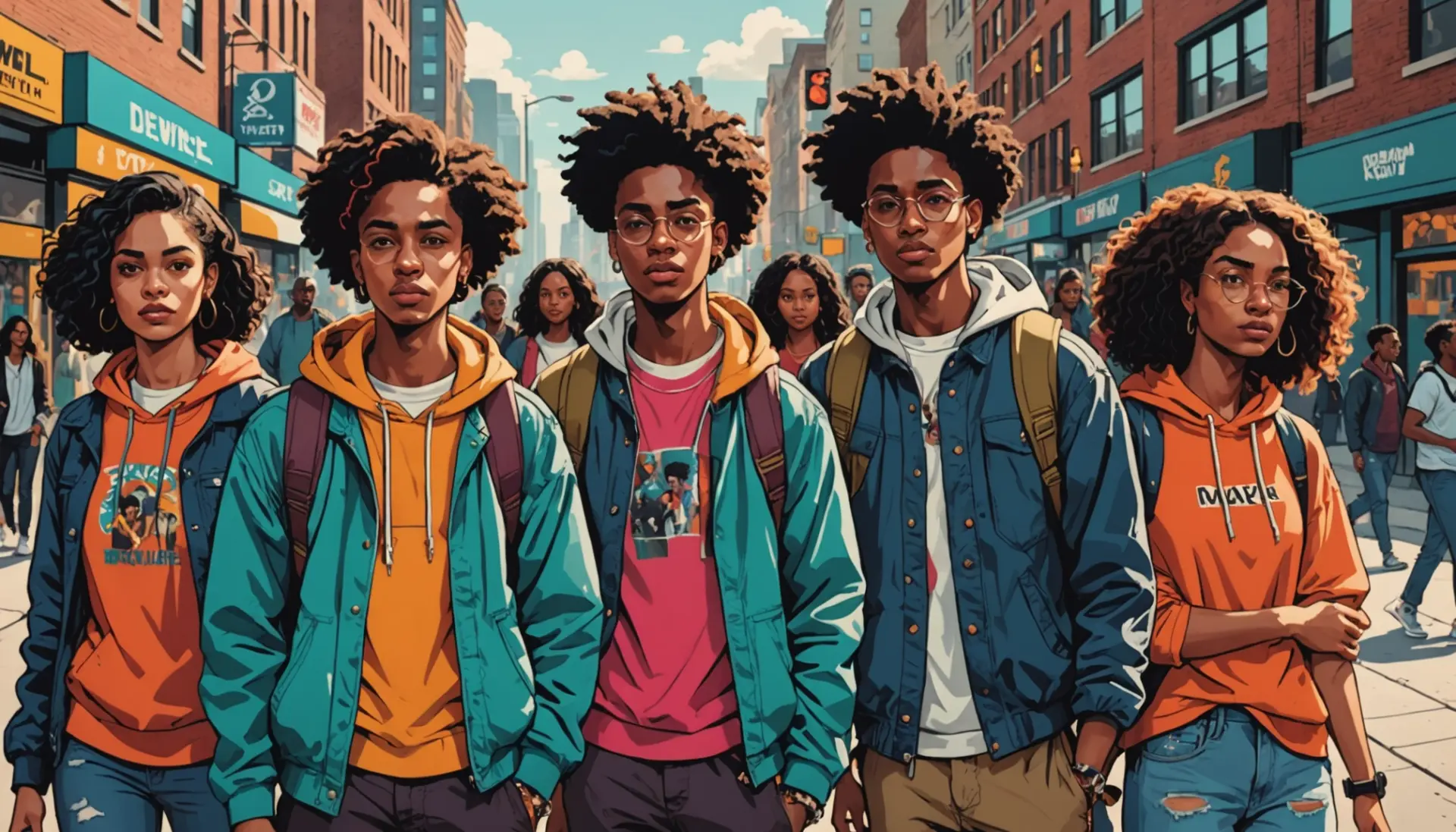 Editorial illustration of street scene showing the phrase cur meaning slang in vibe, urban characters reacting