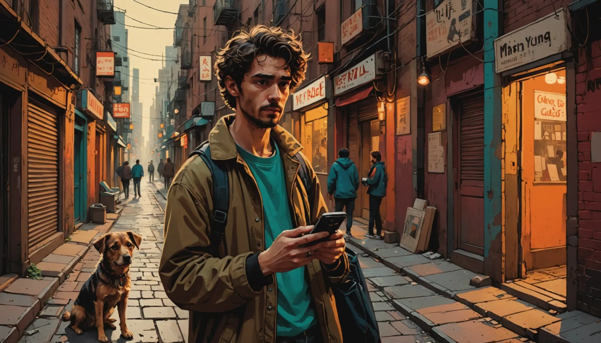 Editorial illustration showing the phrase what does cur mean as a question, a person pointing at an old-fashioned dog and a modern smartphone