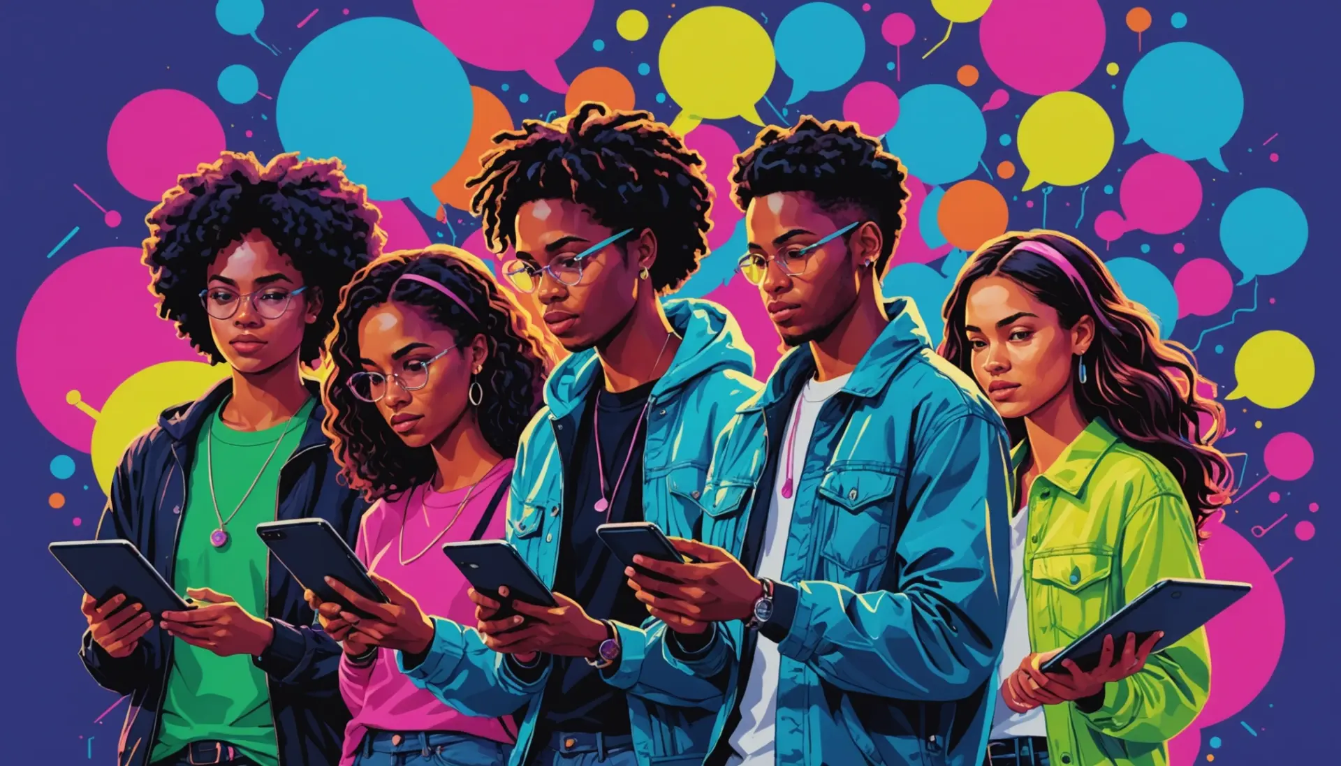 Editorial illustration of neon phones and chat bubbles, highlighting the phrase ping meaning slang