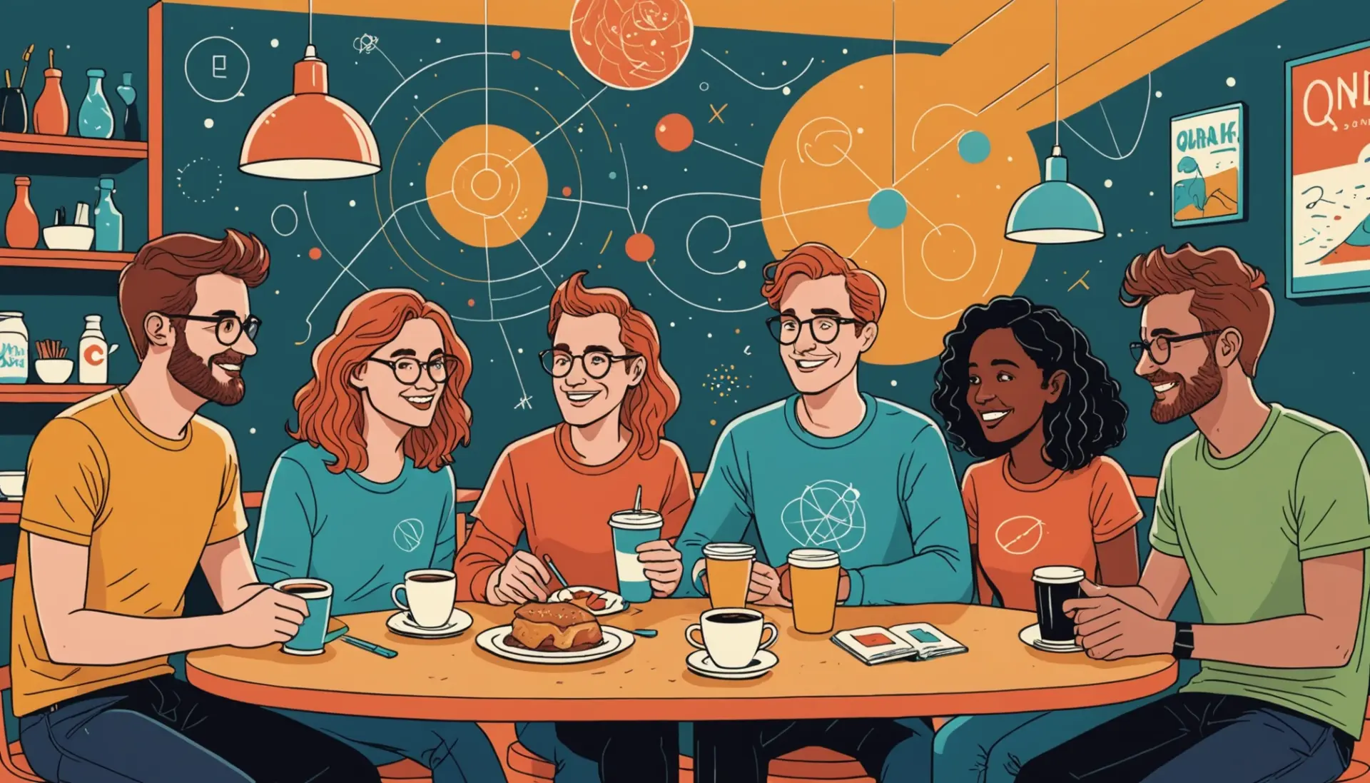 Editorial illustration showing 'quark slang meaning' vibes: quirky characters and science motifs