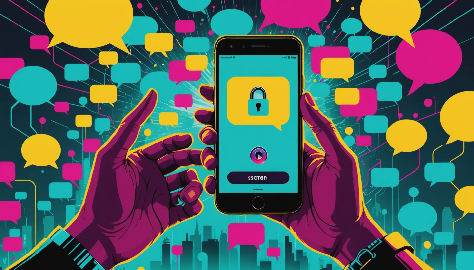 Editorial illustration showing a smartphone with a padlock and chat bubbles, representing what does encrypted message mean