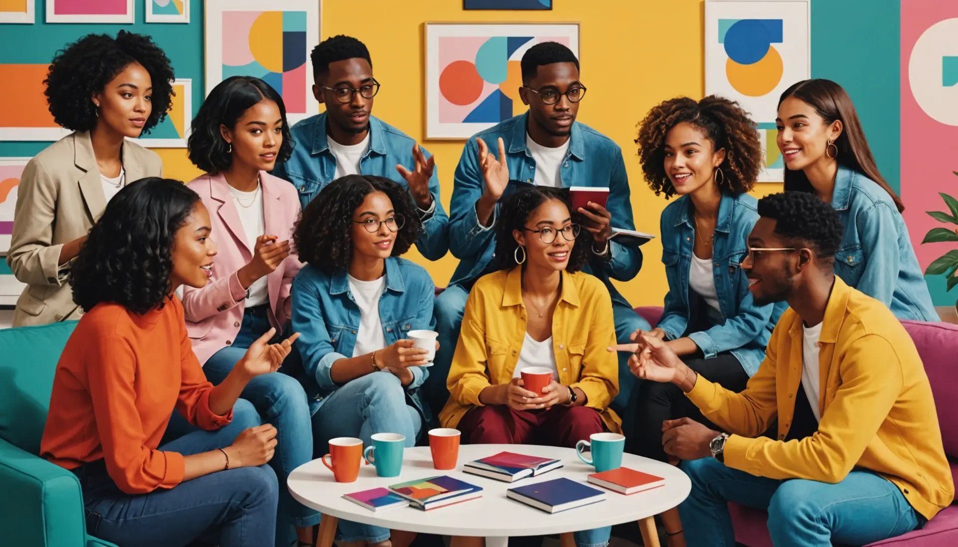 Editorial illustration showing people asking what does befit mean with speech bubbles and stylish outfits