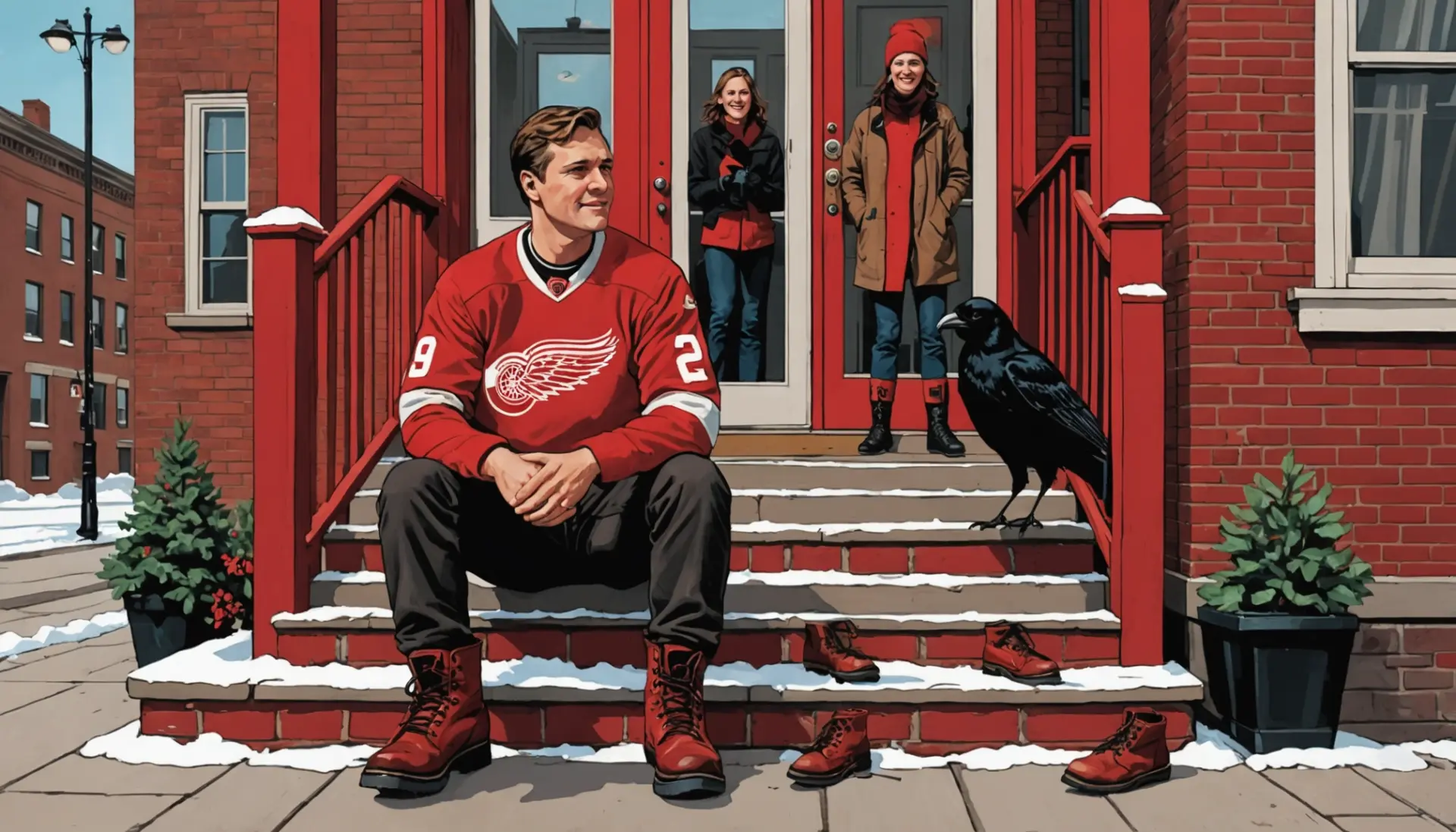 Editorial illustration of people wearing Red Wing boots and a hockey fan in a Red Wings jersey, referencing what does red wing mean