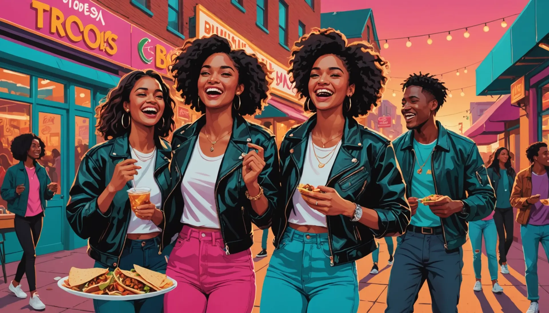 Editorial illustration showing diverse people using the phrase rico meaning slang in street and food scenes