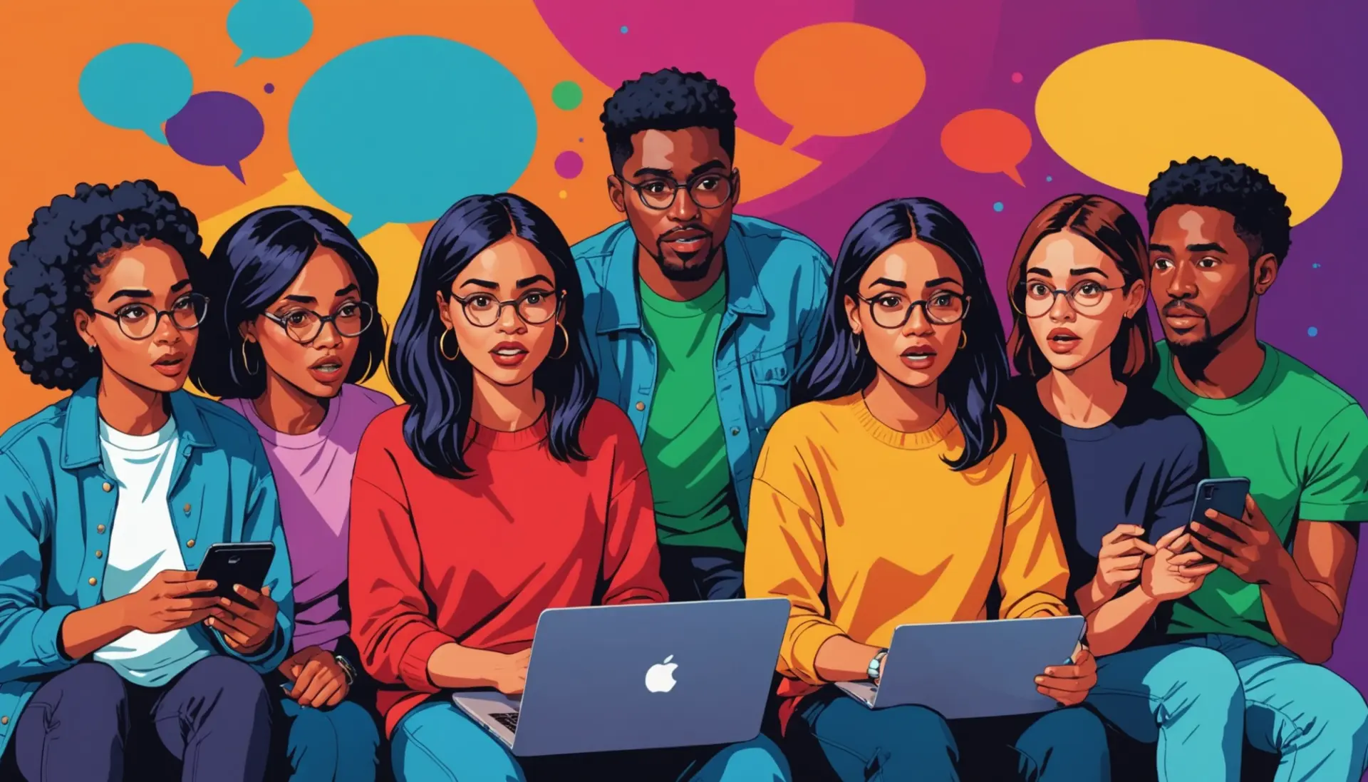 Editorial illustration showing people reacting to the phrase 'what does beneath contempt mean' in chat bubbles