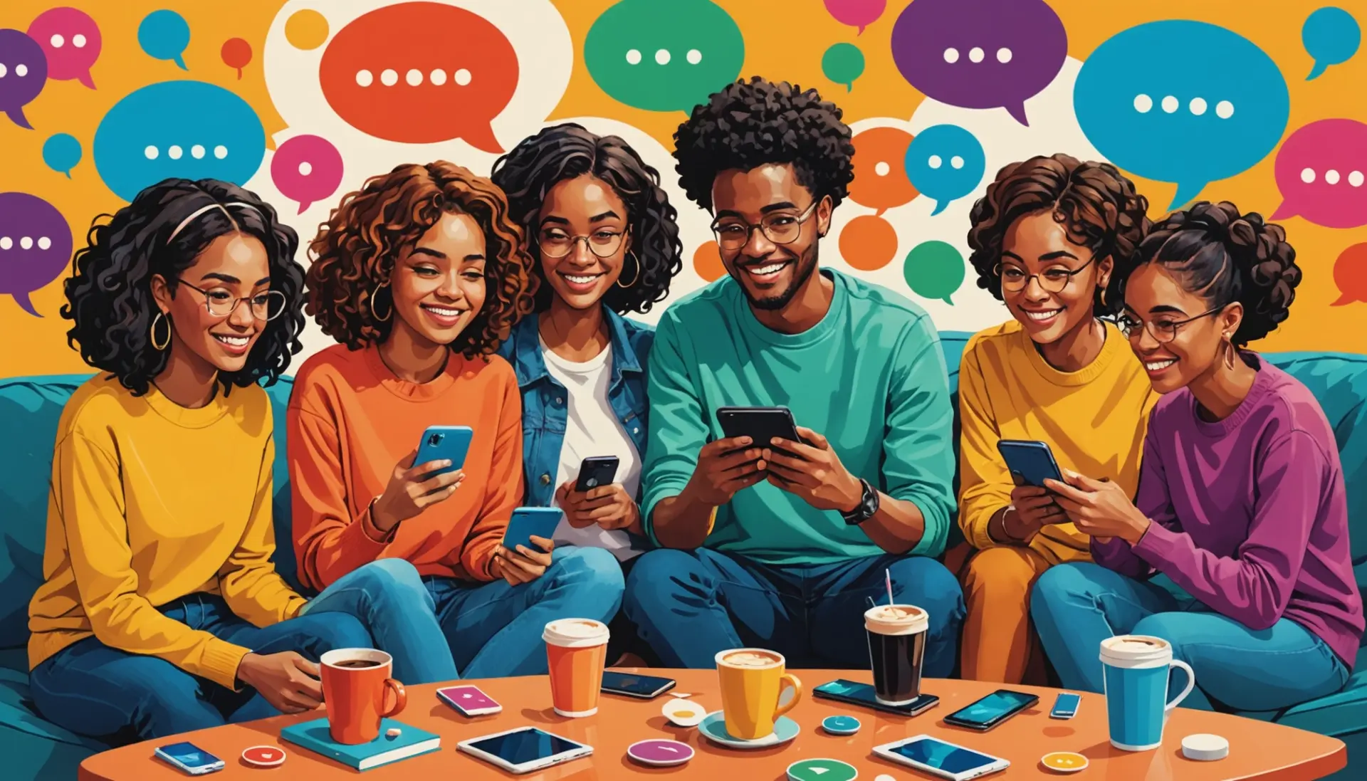 Editorial illustration showing people texting with speech bubbles and the phrase what is ttys in texting visible as a concept