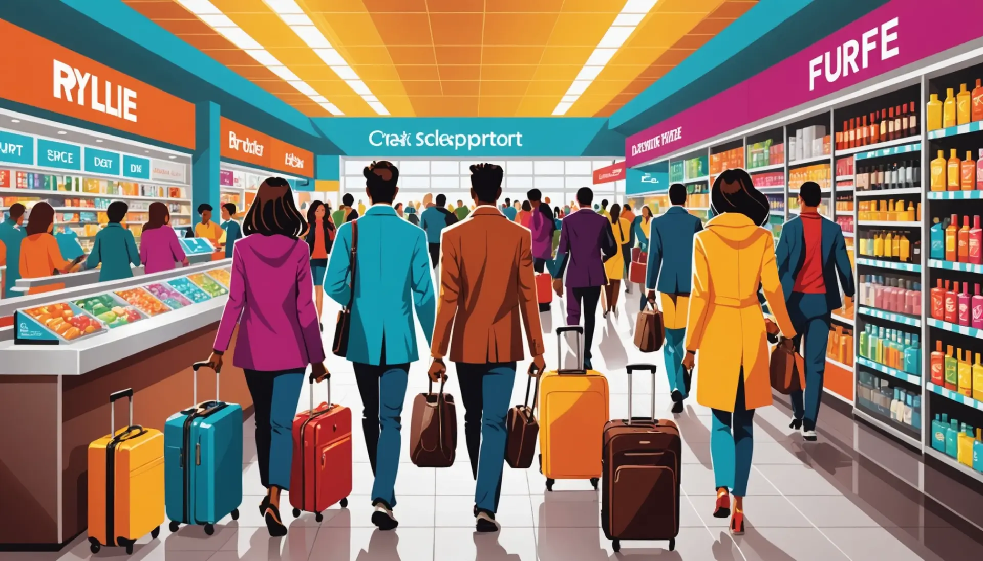 Editorial illustration showing travelers shopping in an airport duty free store, with the phrase what does duty free mean implied