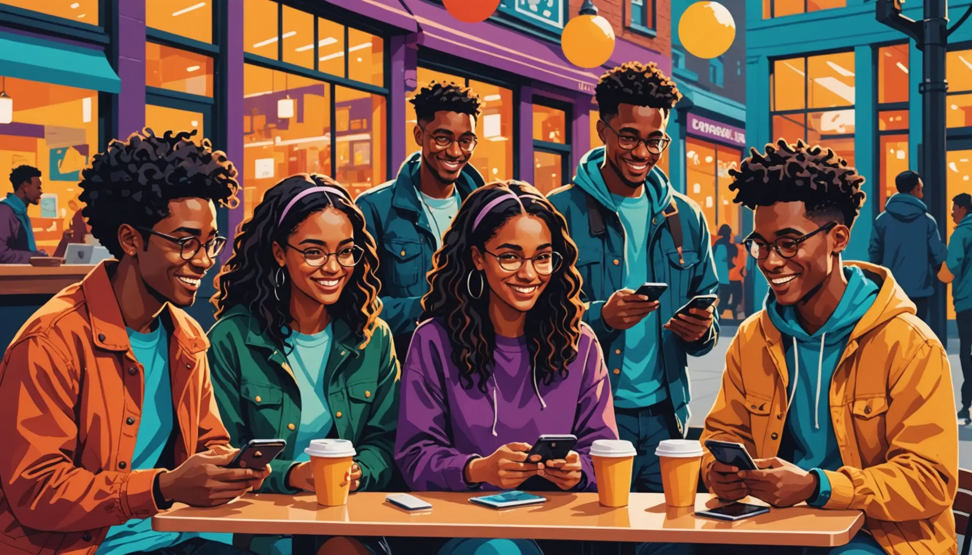 Editorial illustration showing people texting 'what is dsl in slang' on phones, urban vibe