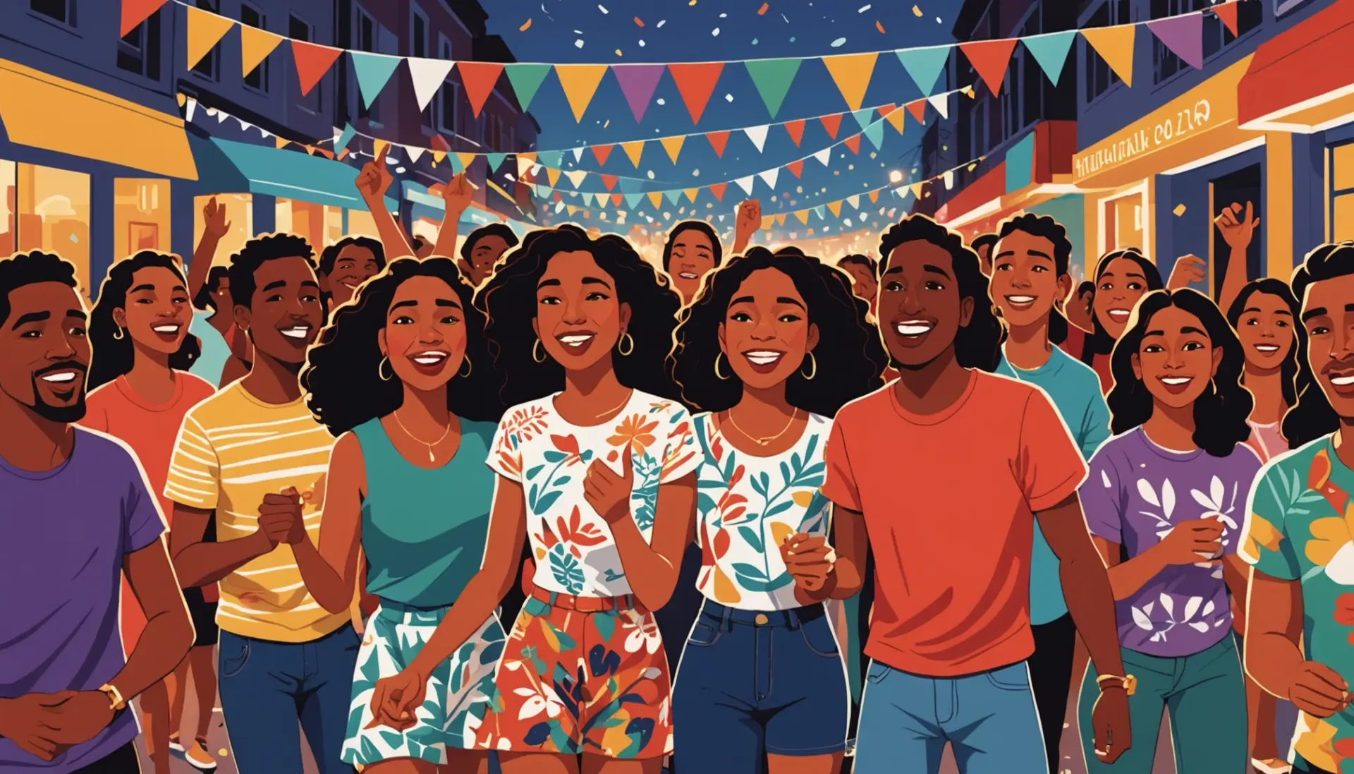 Vibrant scene showing people cheering with the words what does wepa mean vibe, energetic party mood