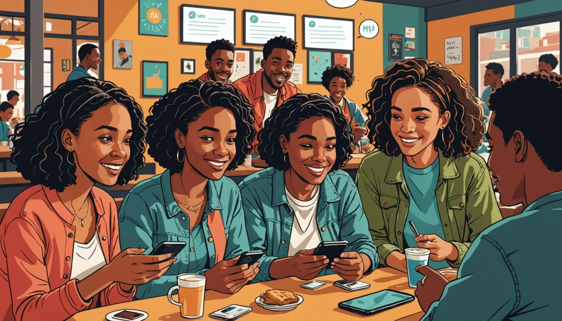 Editorial illustration of people texting with the phrase what is mhm mean in text floating as chat bubbles