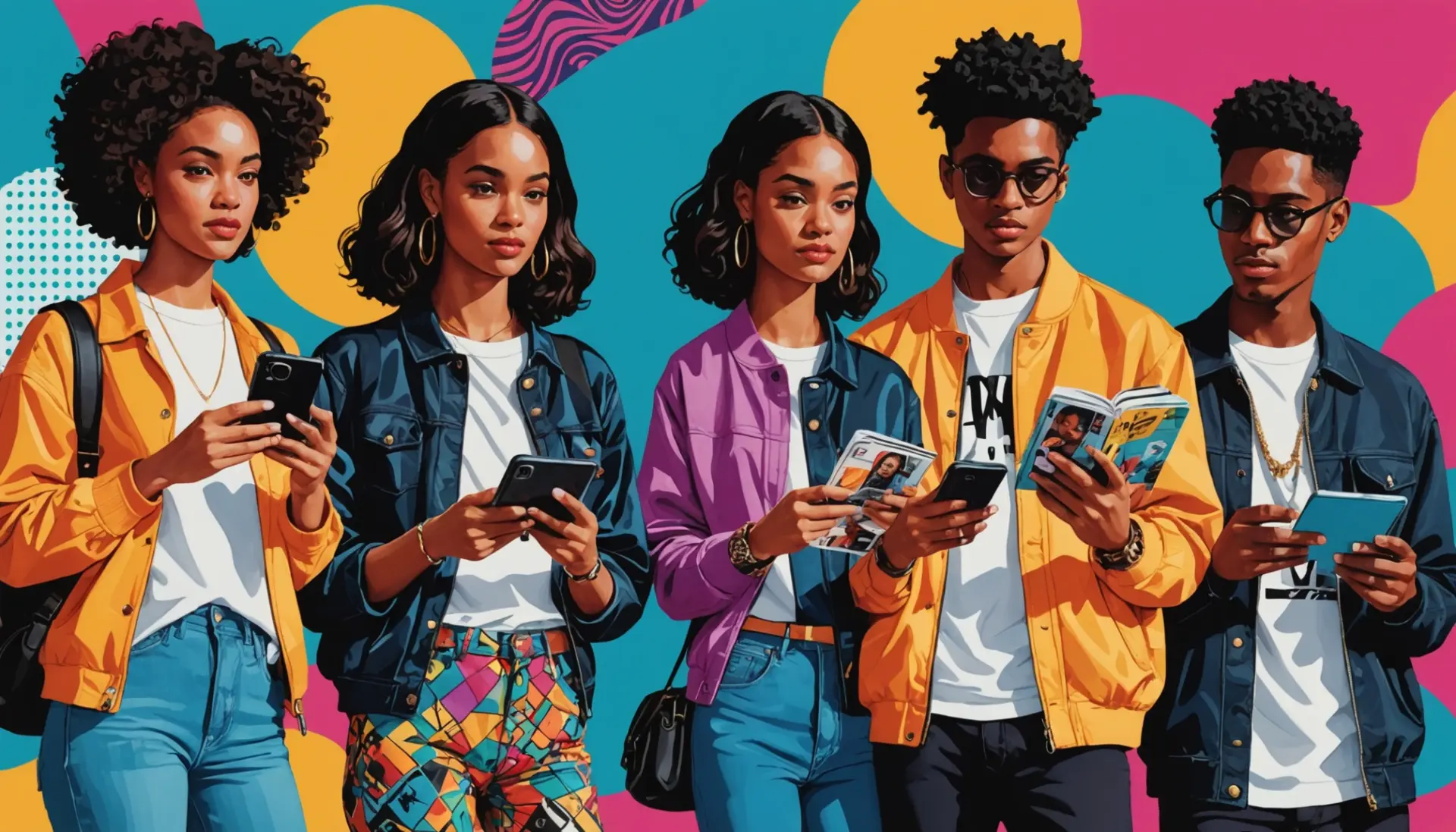 Editorial illustration showing people 'catching print' with phones and magazines, what does catching print mean slang