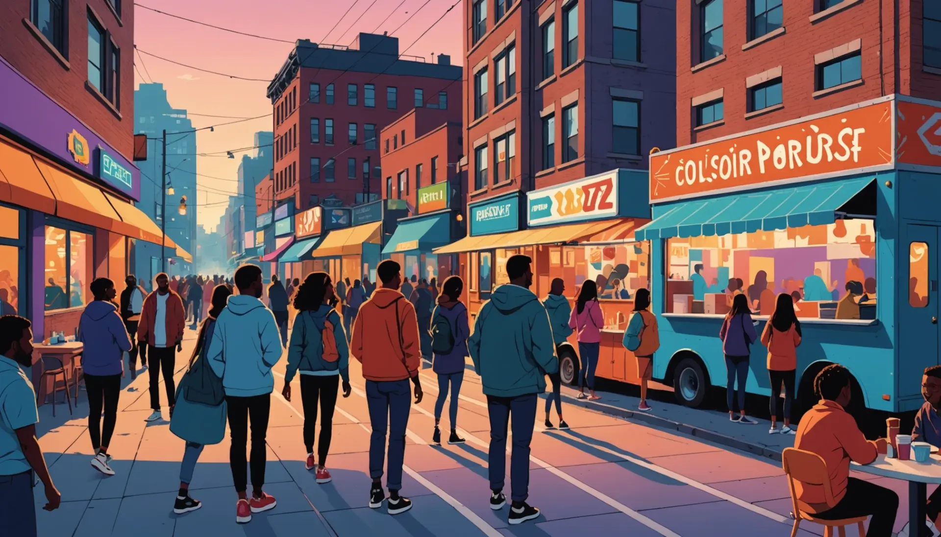 Illustration showing a city street scene suggesting something afoot, with people whispering and plans in motion