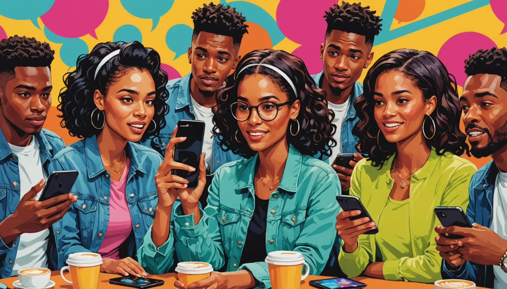 Illustration showing people using phones and social media with the phrase what does fml mean scattered as speech bubbles