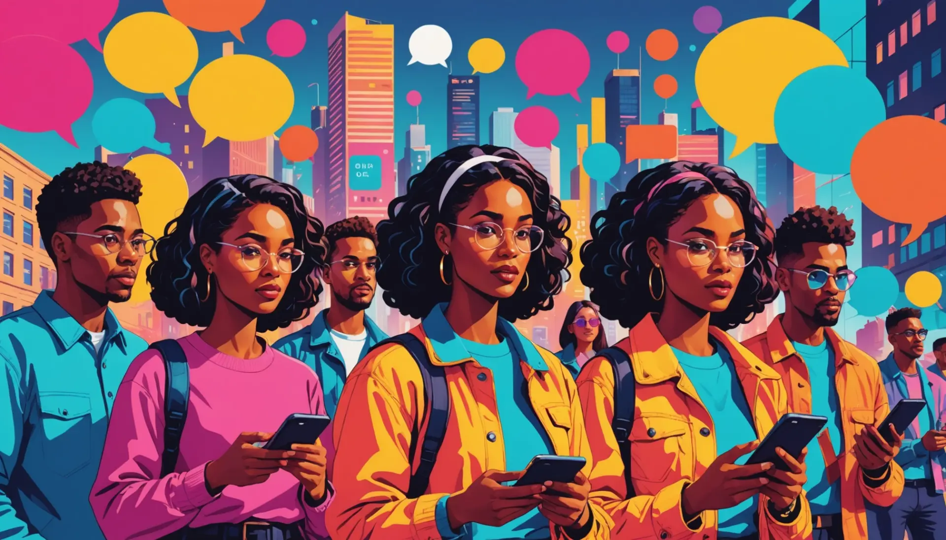 Editorial illustration showing phones and speech bubbles with the phrase what is an sms text concept