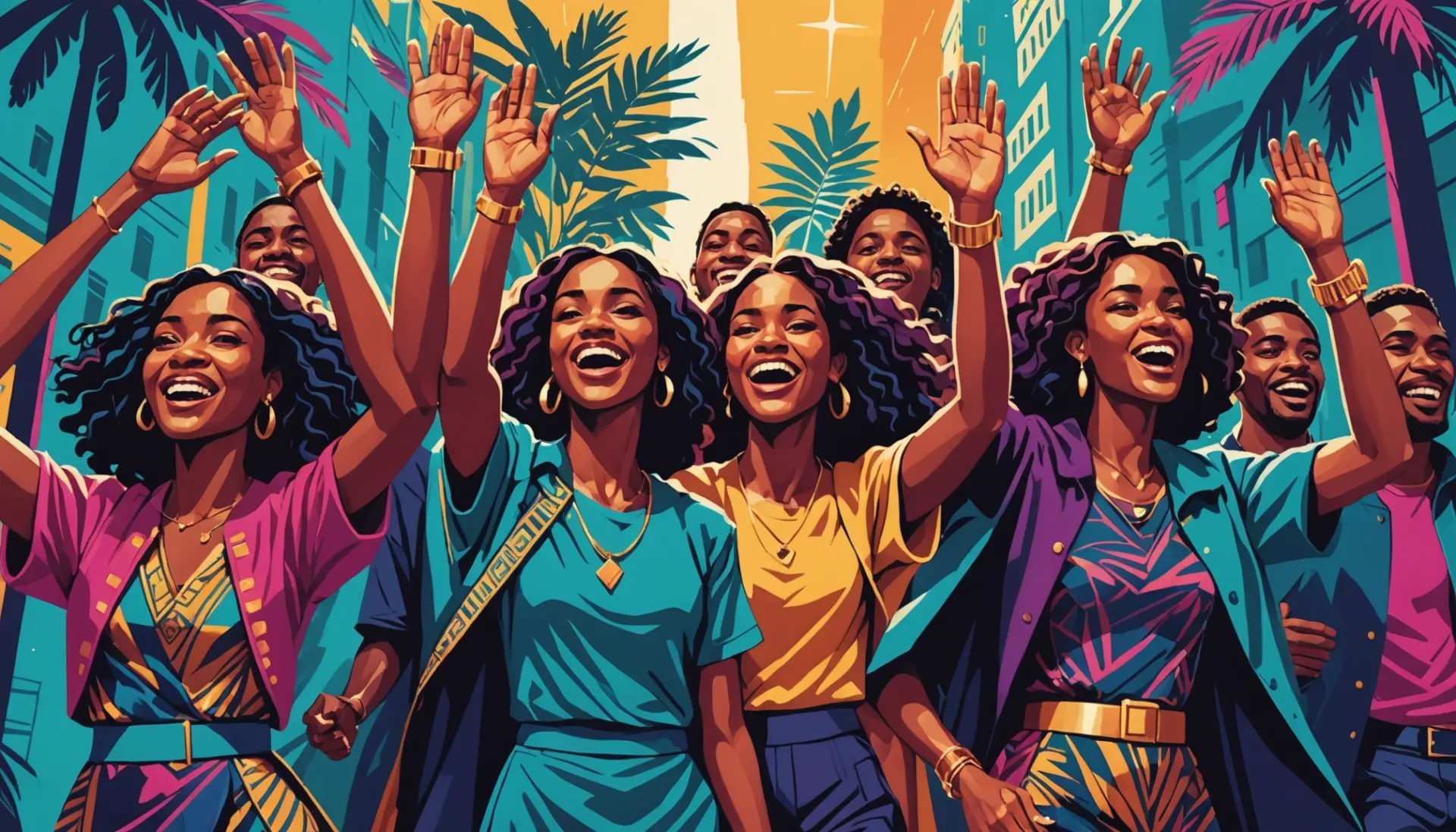 Illustration depicting the phrase what does hosanna mean in the bible with worshipers and palms