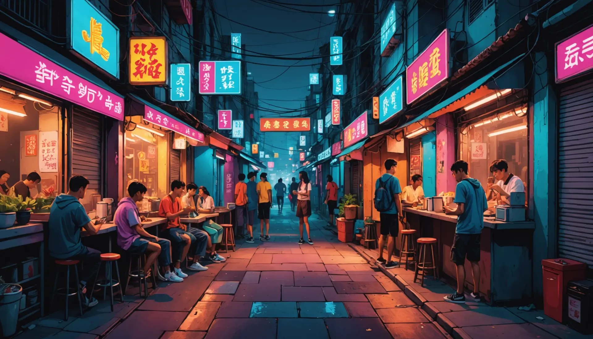 Editorial illustration showing a neon city alley with graffiti that hints at street slang, featuring the phrase what is sybau slang for in the image context