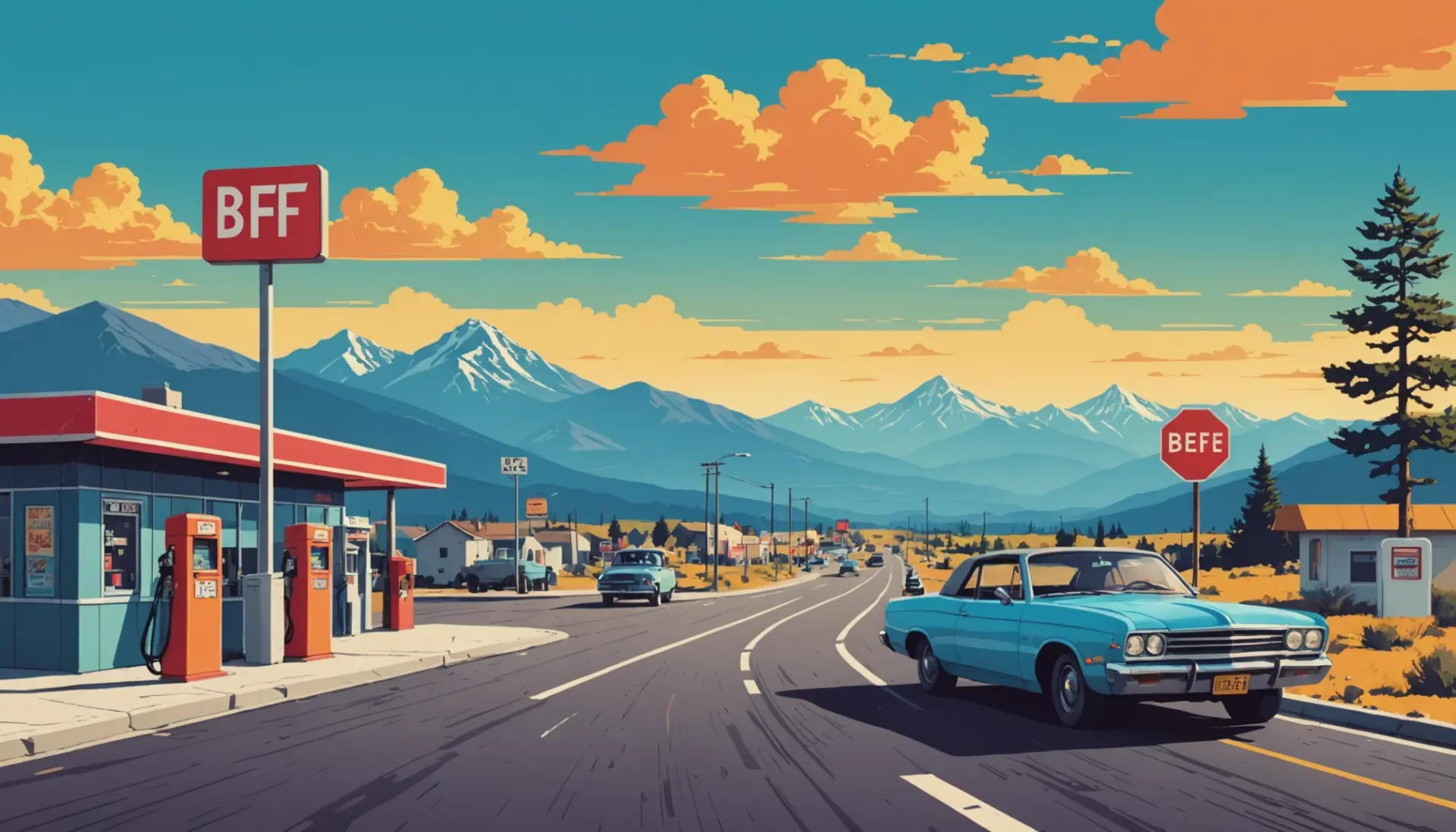 Editorial illustration showing road signs leading to BFE, what does bfe stand for slang