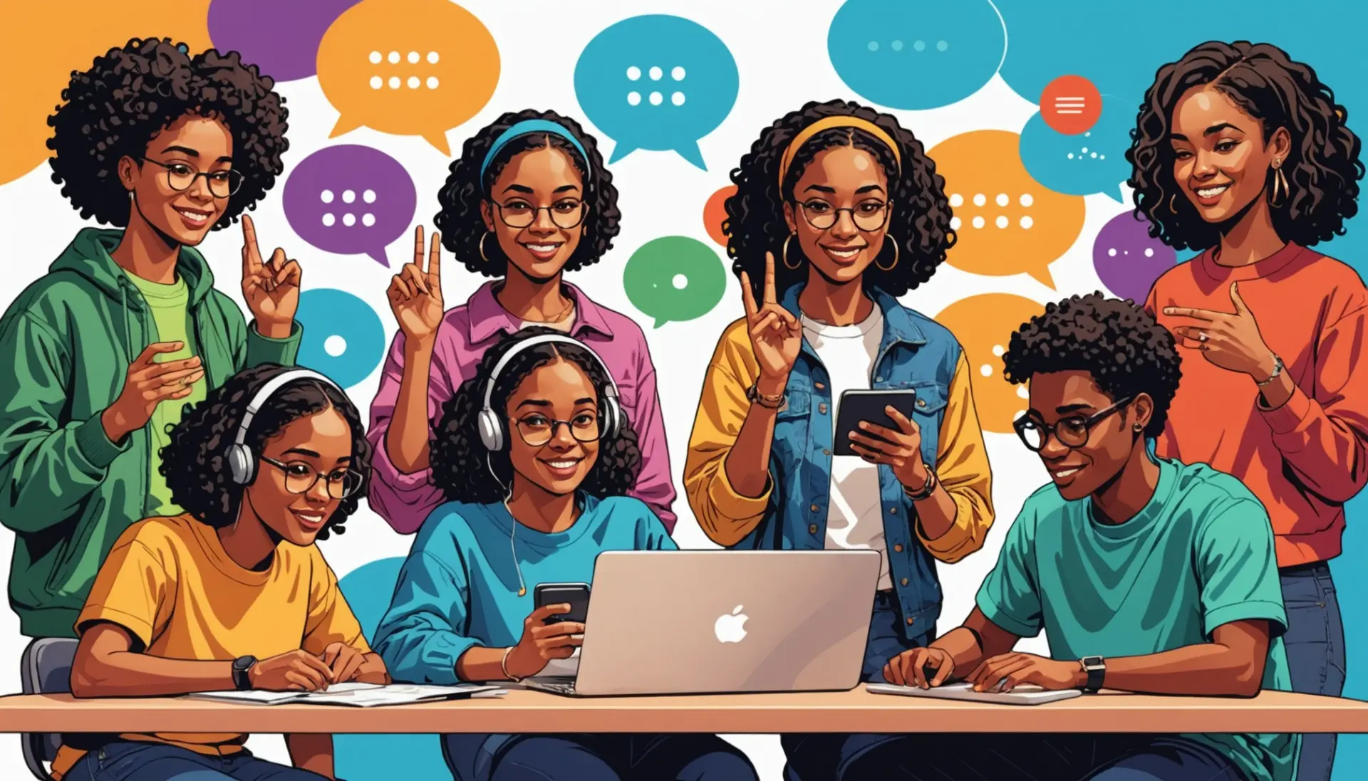 Editorial illustration showing people typing and signing, with the phrase a 's l meaning slang concept