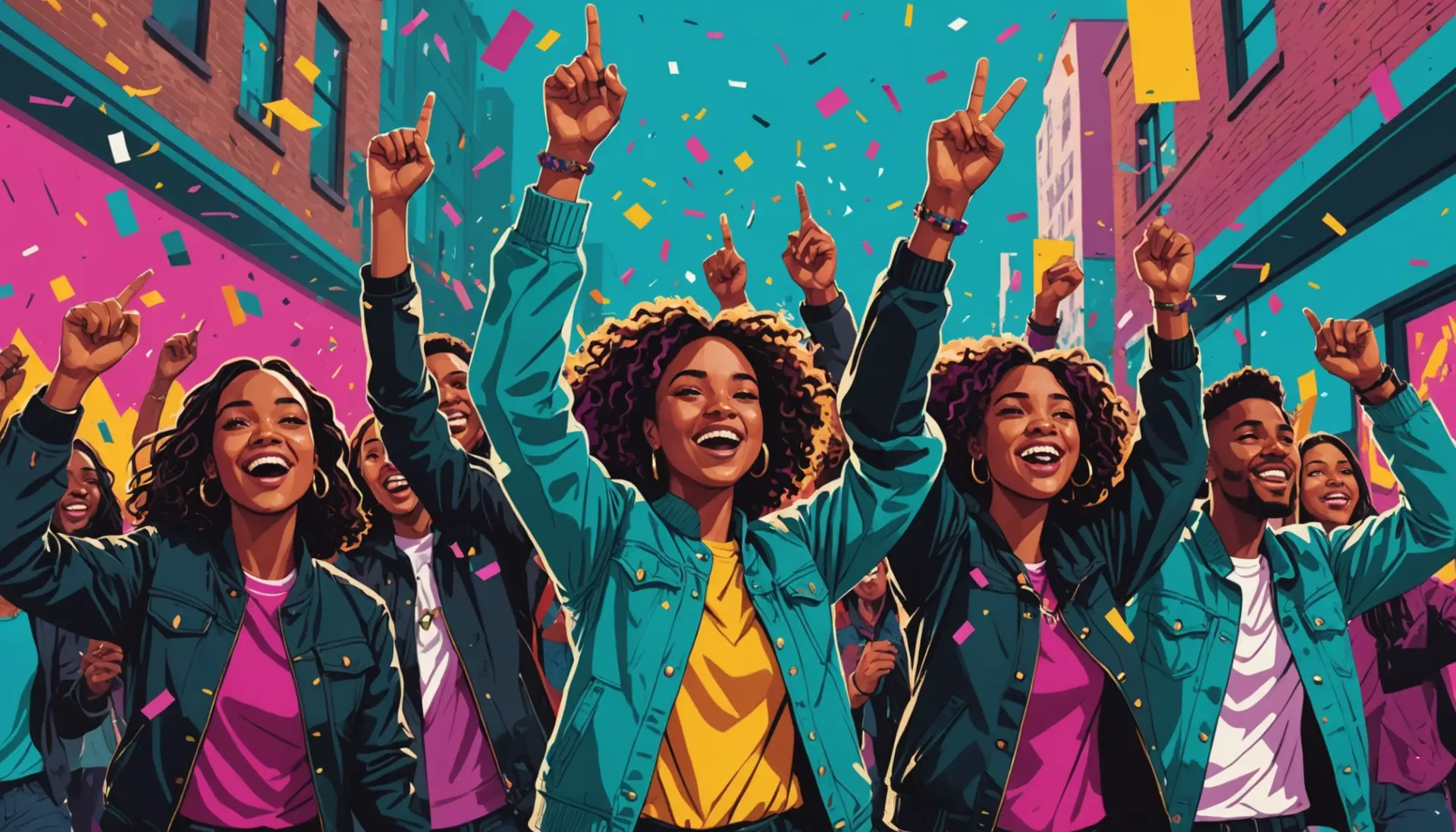 Editorial illustration of people celebrating a clever win, representing coup meaning slang