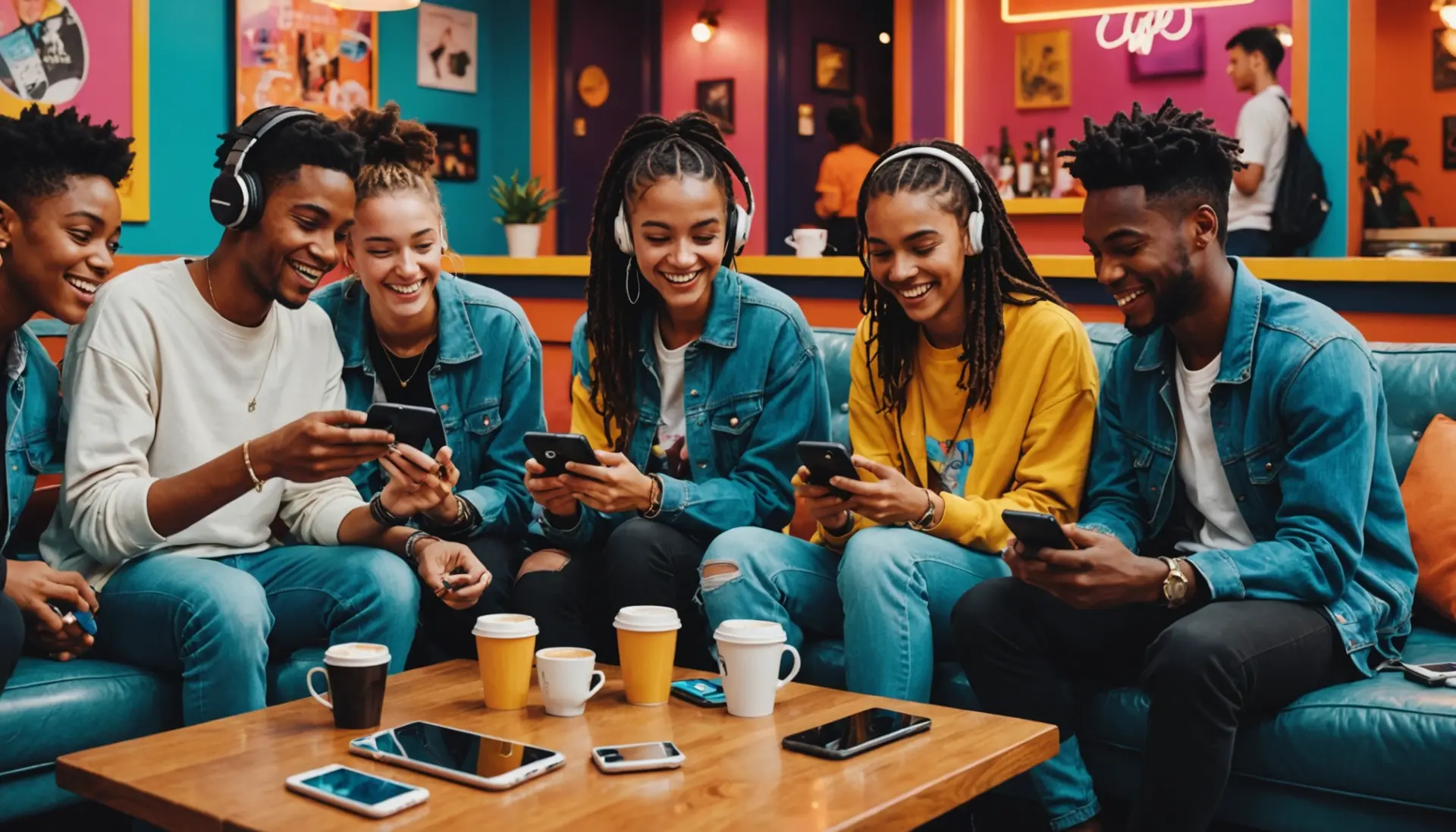 Editorial illustration showing people texting about what does rl mean in text in a vibrant coffee shop scene