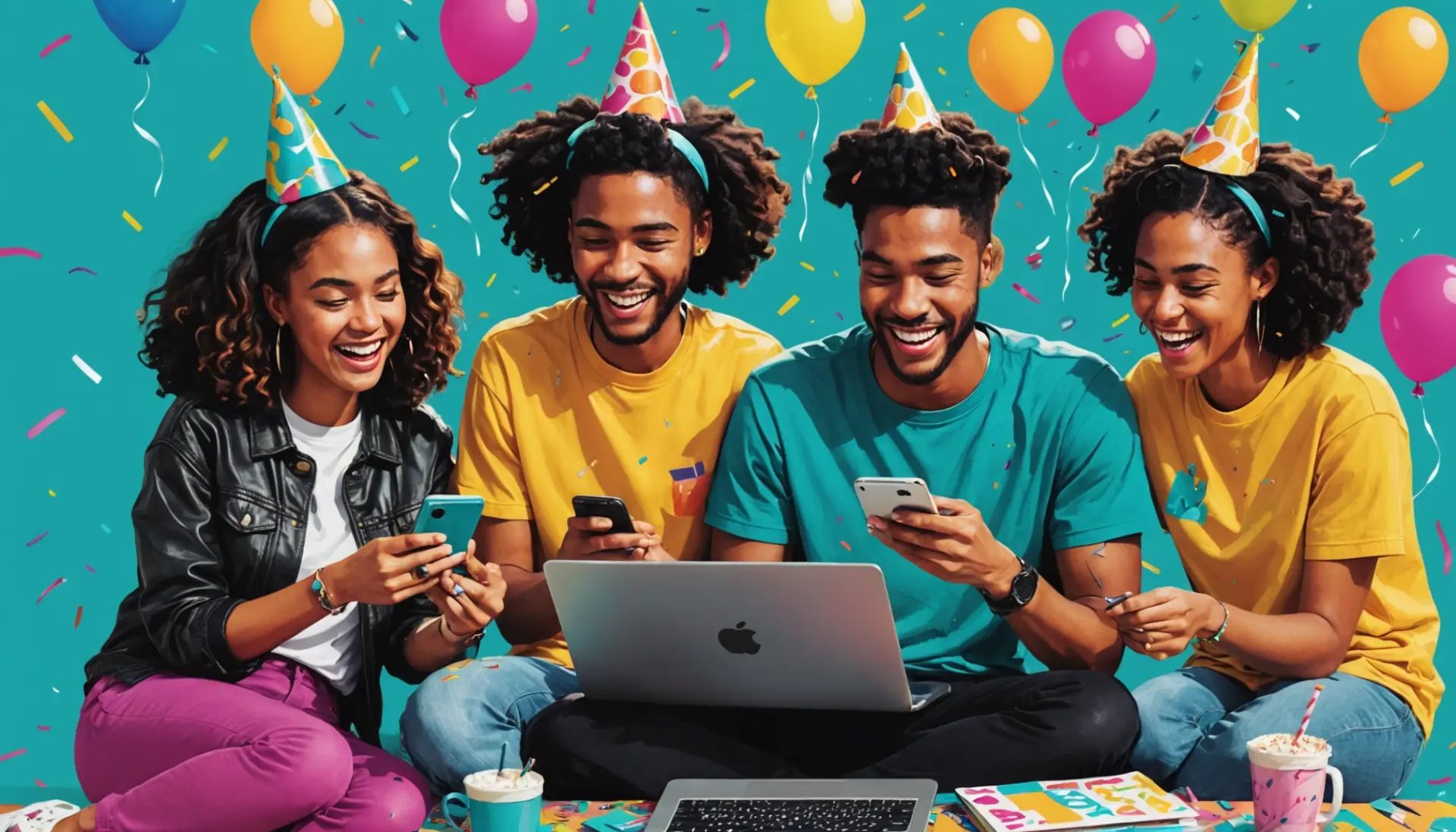 Illustration showing diverse friends texting 'hbd' with emojis, representing what does hbd mean in slang