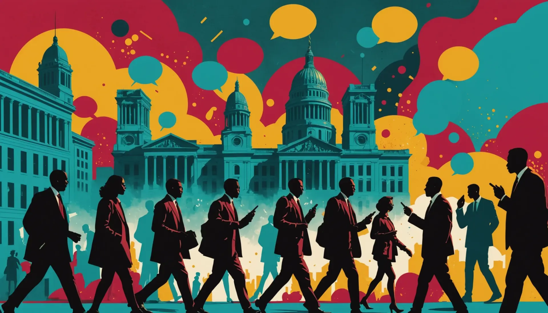 Illustration showing the phrase 'what does coup mean' represented by cityscapes and protest silhouettes