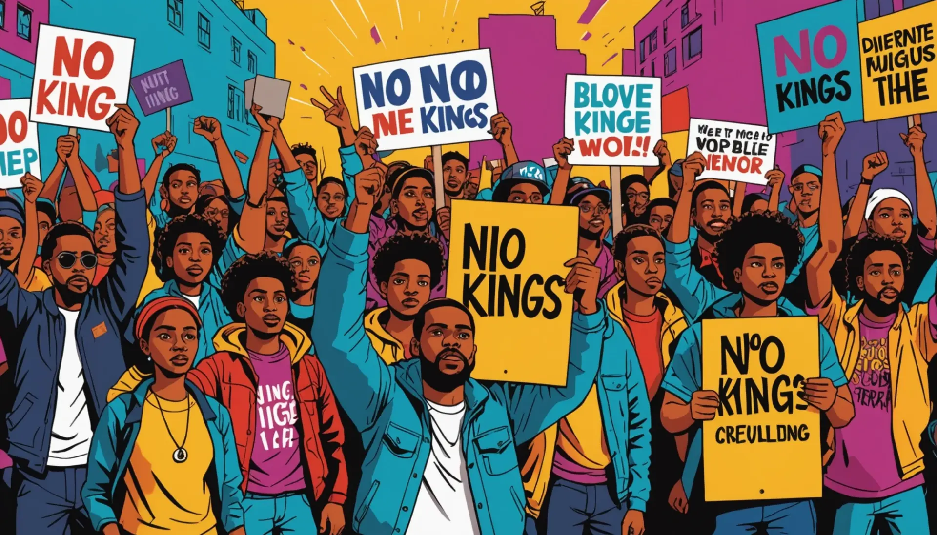 Editorial illustration showing protest signs reading 'no kings' and crowds, what does no kings mean protest