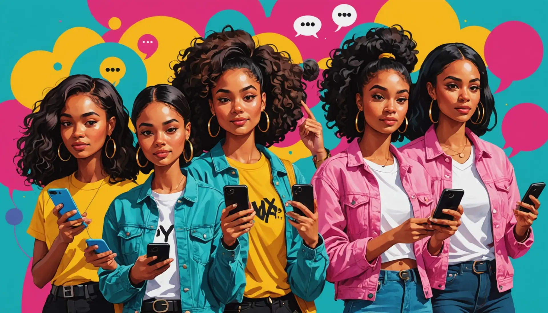 Illustration of friends texting asking 'what does wya mean in slang' with speech bubbles and phones