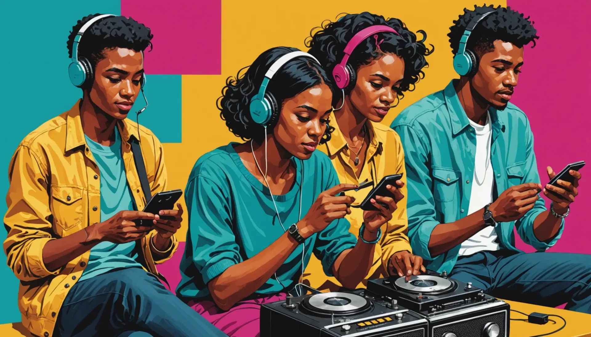 Editorial illustration showing people futz meaning slang while tinkering with gadgets