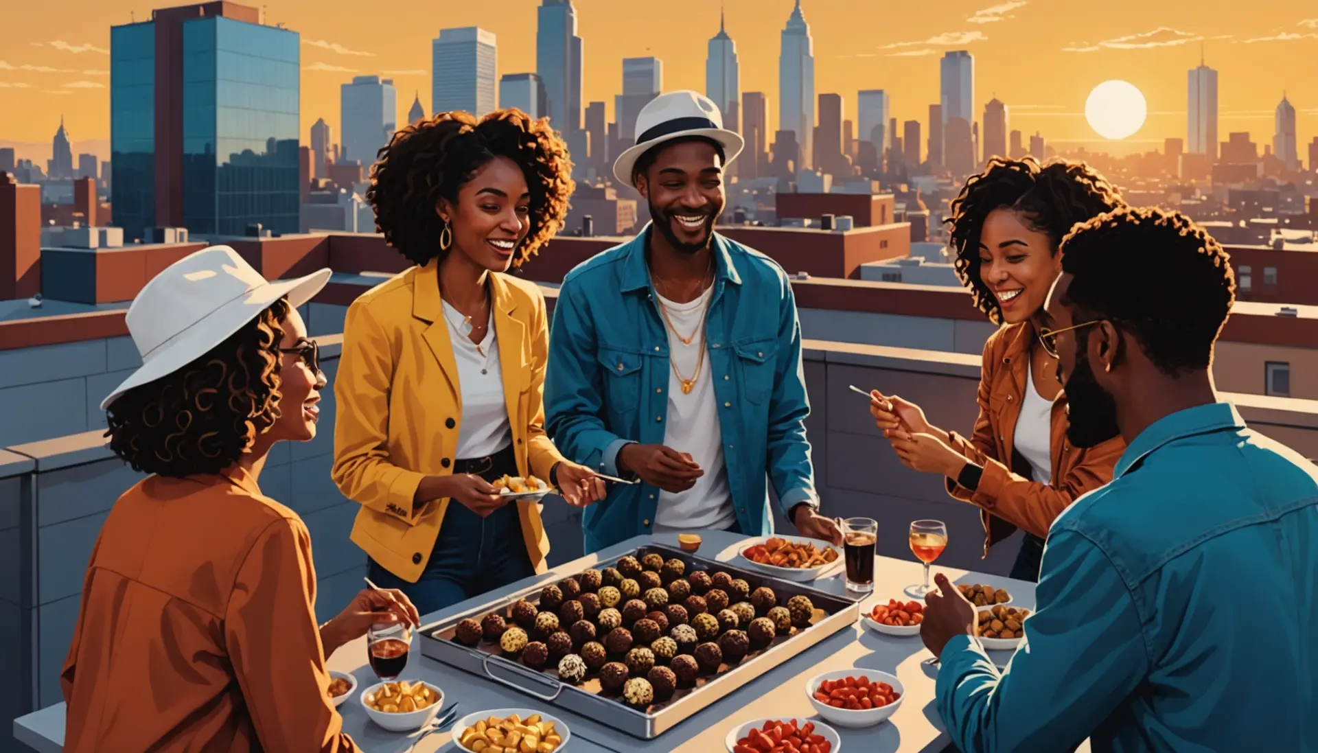 Editorial illustration showing people using the phrase truffles meaning slang in a vibrant city scene