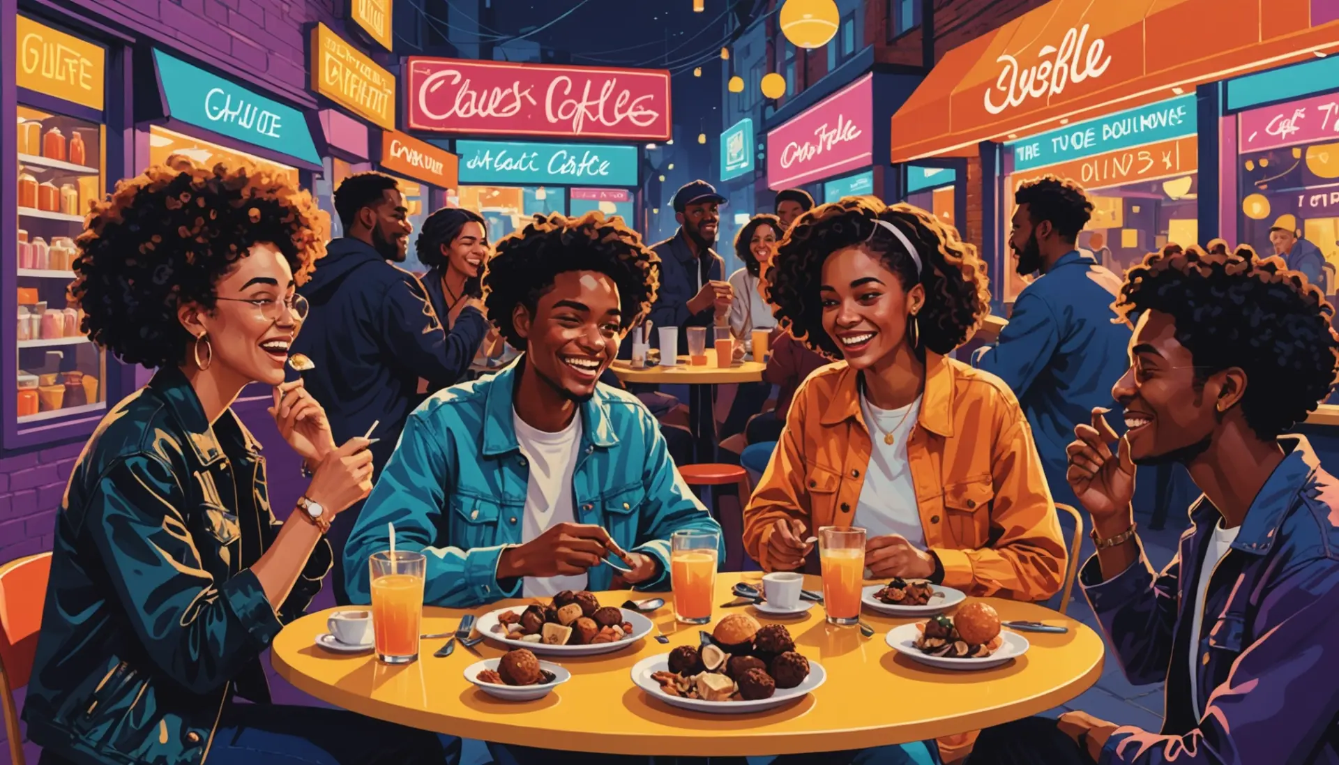 Editorial illustration showing young people using 'truffles slang' in conversation, vibrant colors