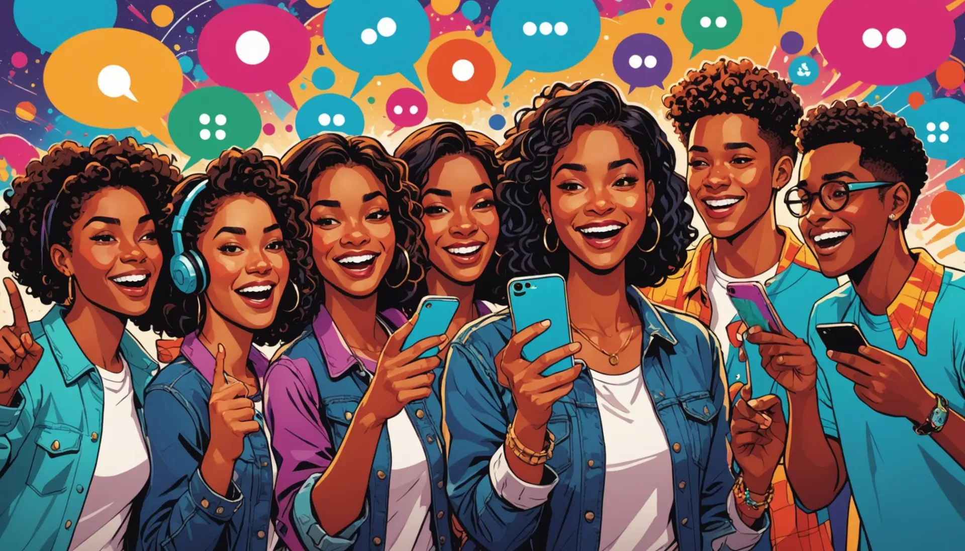 Editorial illustration of people texting with the phrase what does imma mean in text in mind