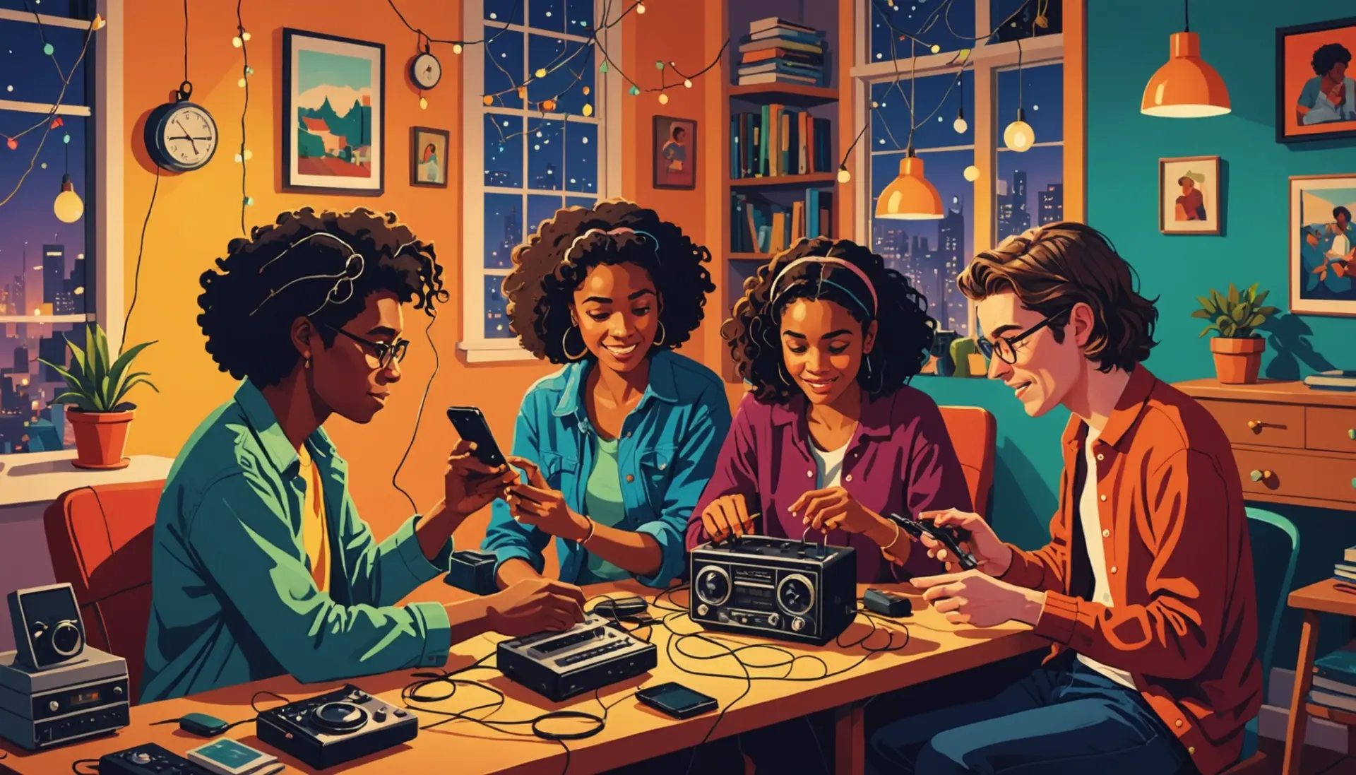 Editorial illustration showing people futzing with gadgets, representing what does futz mean