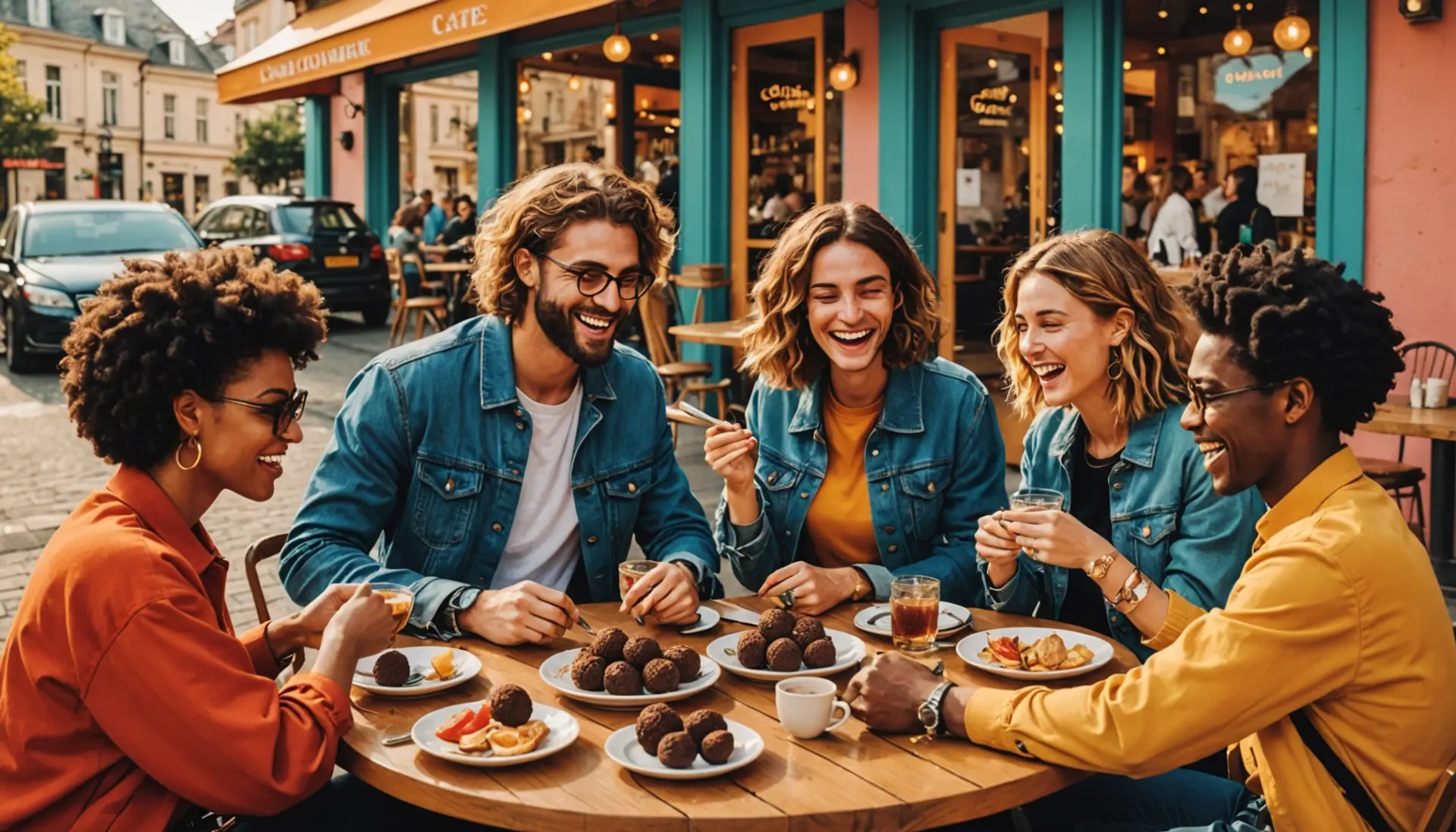 Editorial illustration of a fashionable group with a neon sign, evoking truffles slang meaning