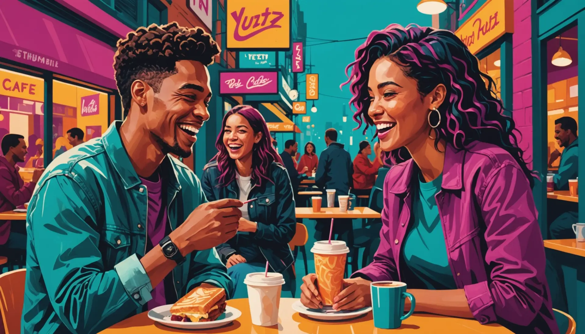 Editorial illustration showing a person playfully calling a friend a yutz meaning slang with expressive street-style art