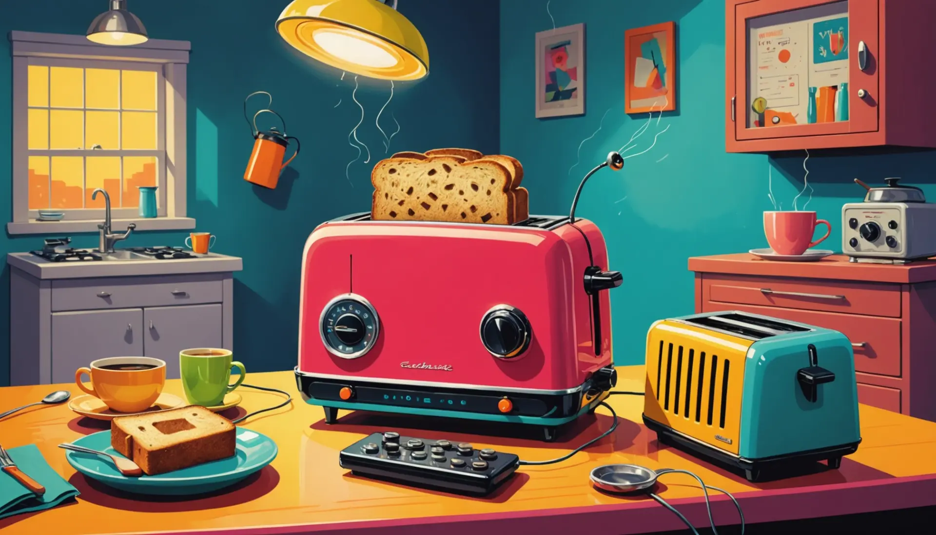 Editorial illustration showing a quirky broken toaster with the phrase fritz meaning slang echoed in visual motifs